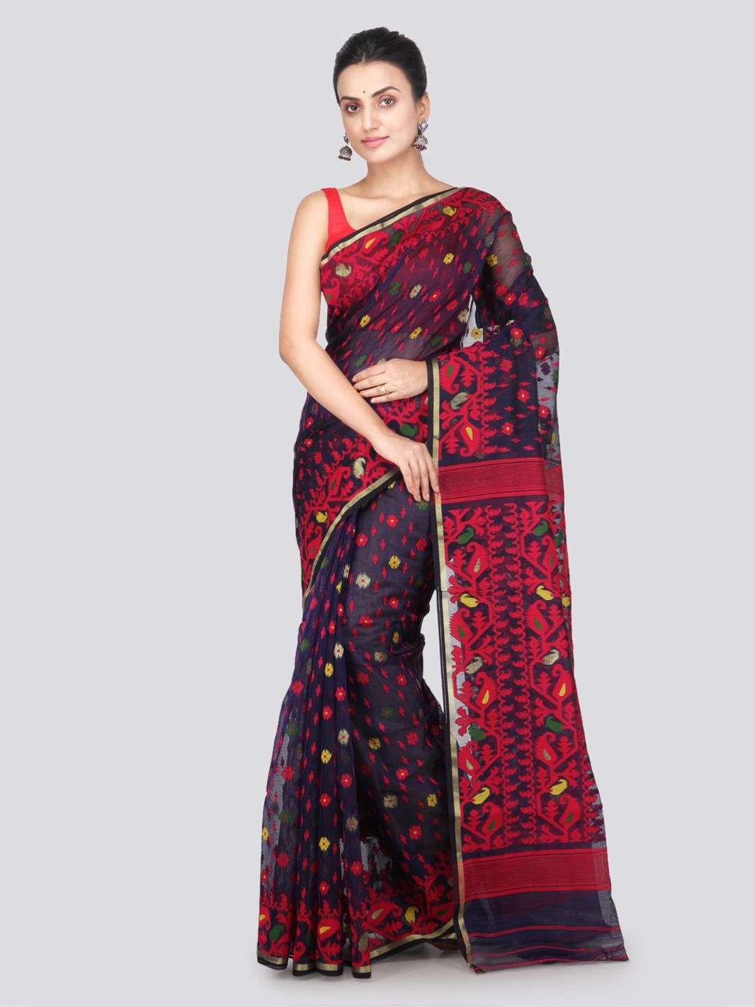 PinkLoom Navy Blue & Red Pure Cotton Woven Design Handloom Jamdani Sustainable Saree Price in India