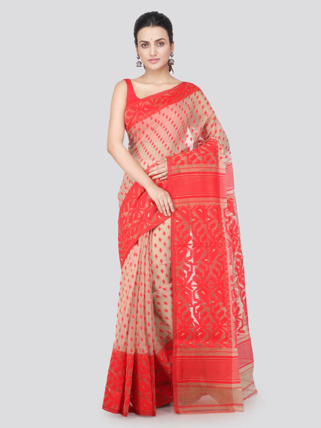 PinkLoom Beige Pure Cotton Woven Design Jamdani Sustainable Saree Price in India