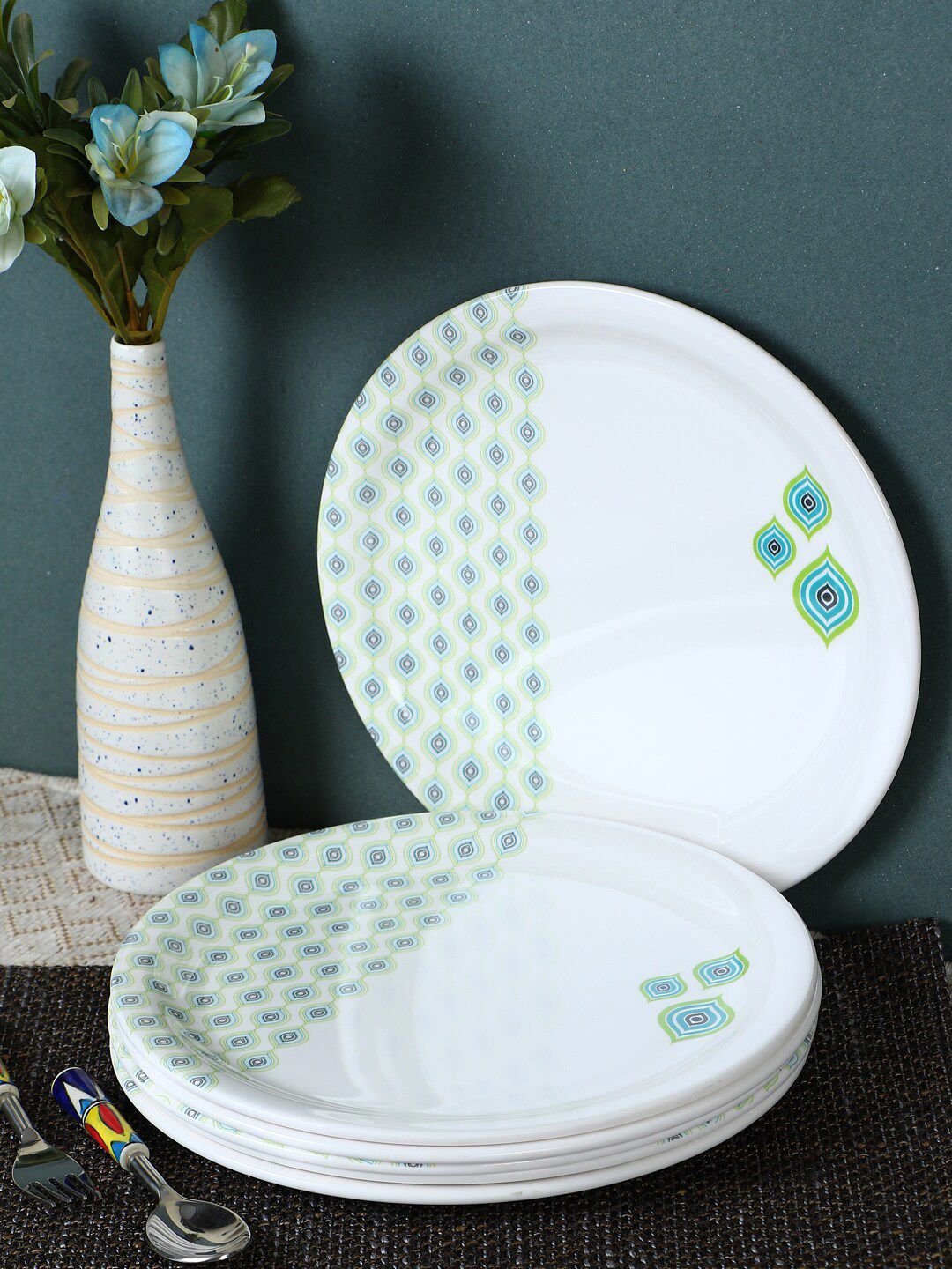 Servewell White & Green Printed 6 Pcs Melamine Plates Set Price in India