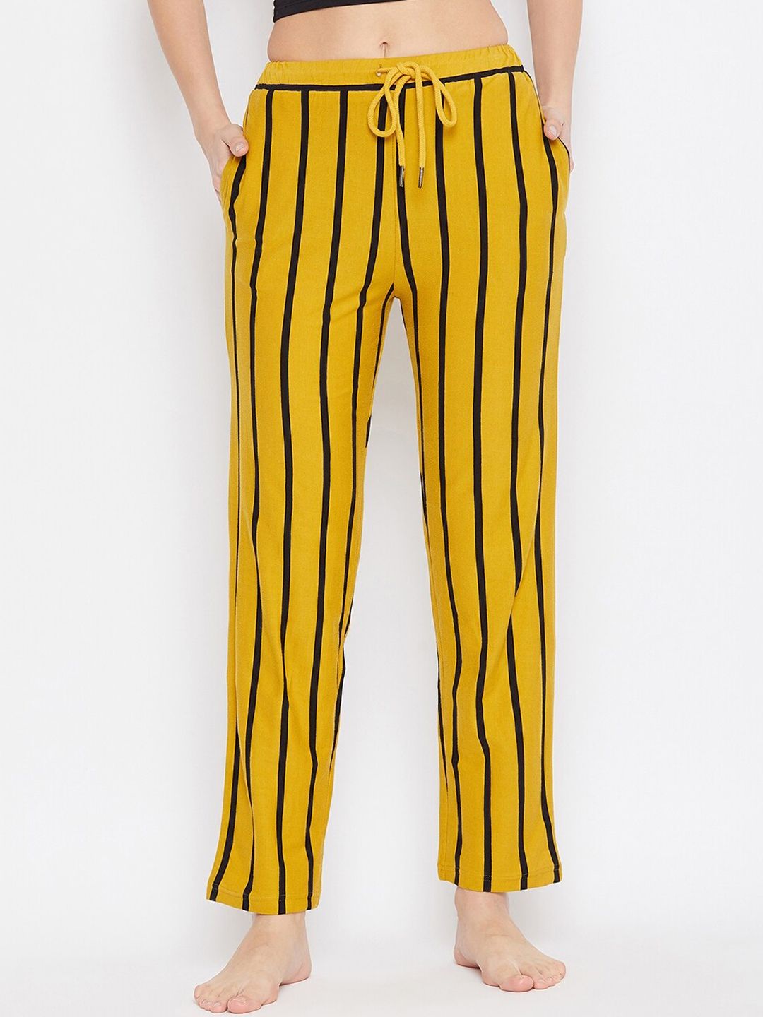 Hypernation Women Yellow & Black Striped Cotton Lounge Pants Price in India