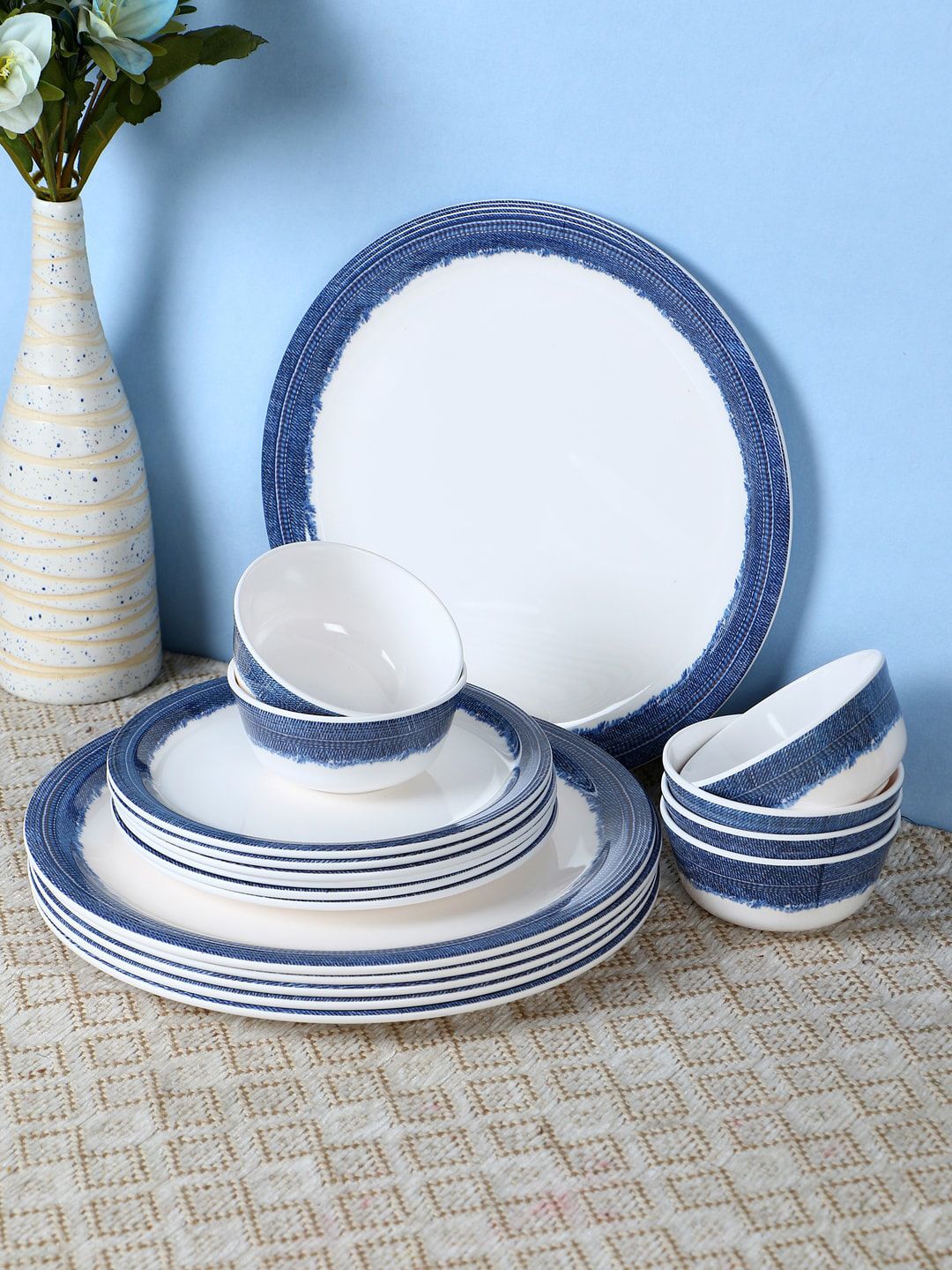 Servewell White & Blue Denim Print Pack of 18 Dinner Set Price in India