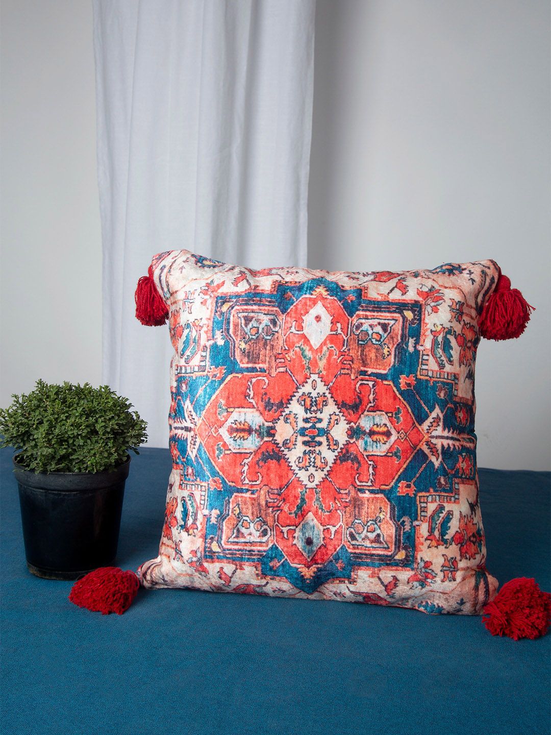 HOSTA HOMES Red & Blue Set of Single Ethnic Motifs Square Cushion Covers Price in India