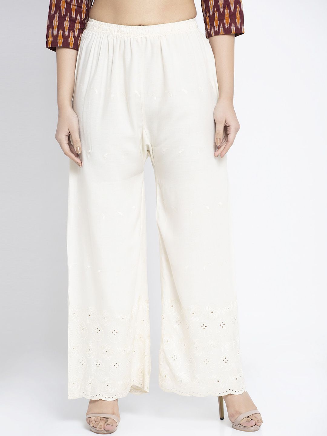 GRACIT Women White Hem Design Flared Palazzos