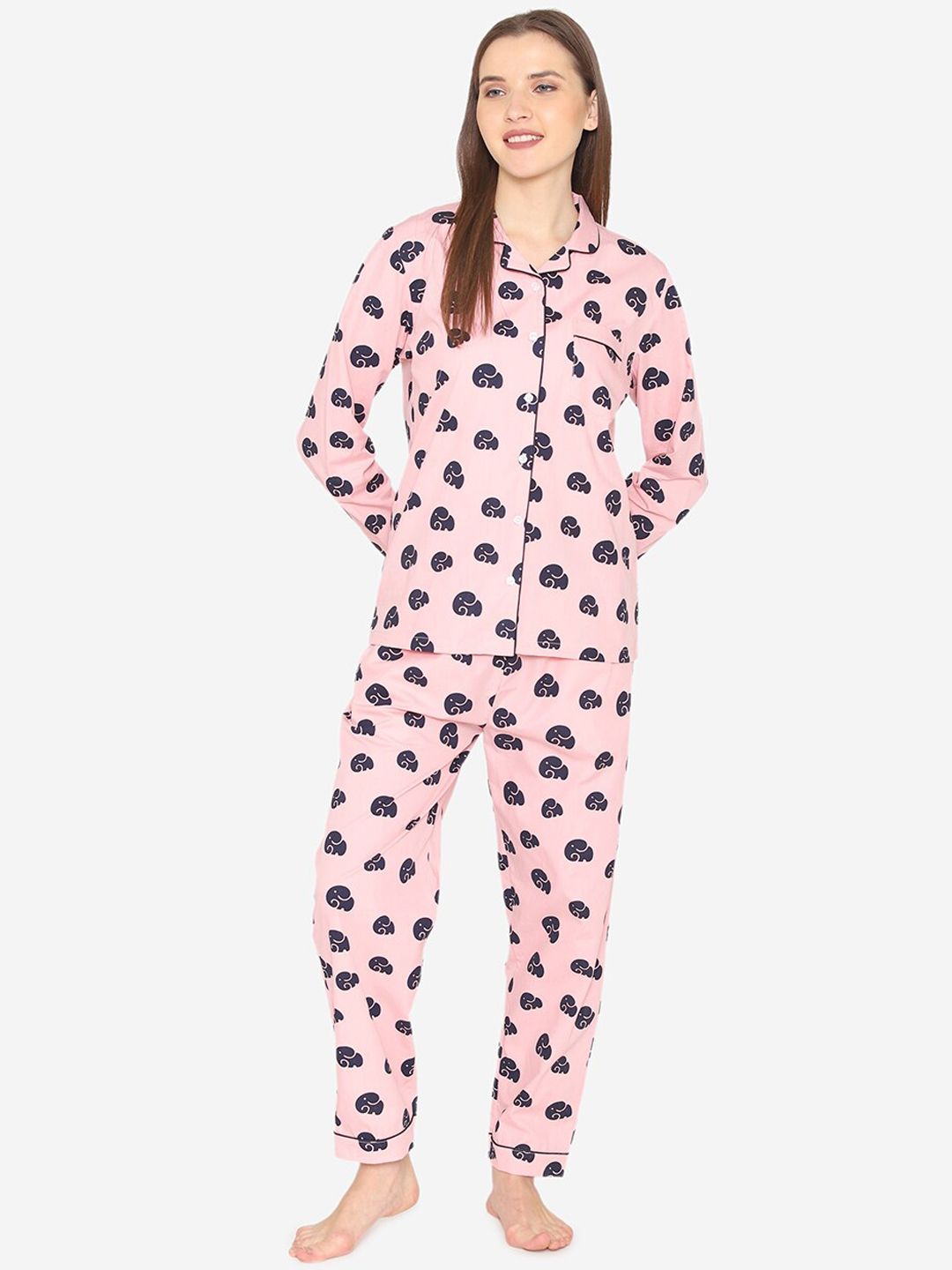 Fluffalump Women Pink & Black Printed Night Suit Price in India