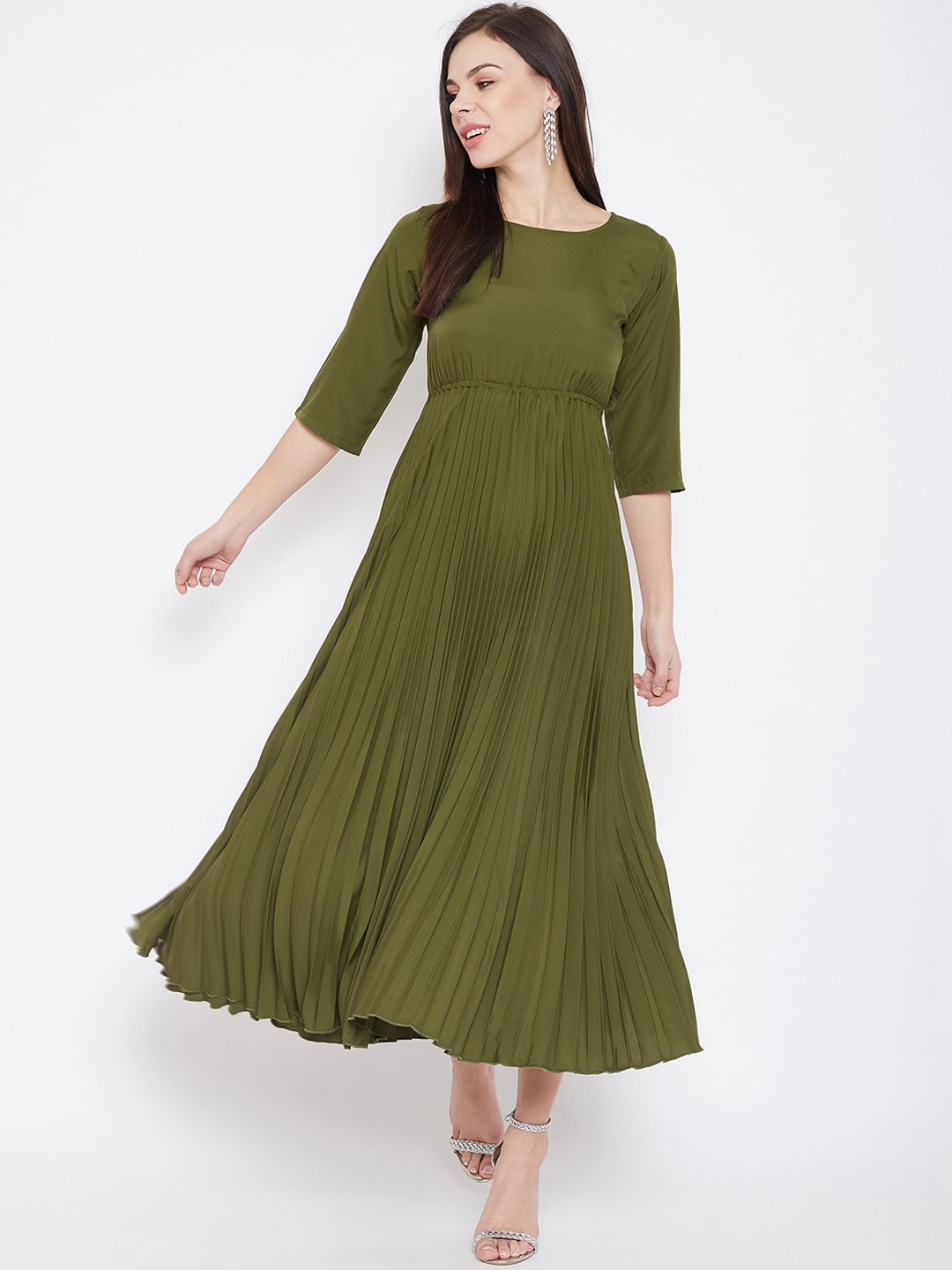 U&F Women Olive Green Solid Empire Dress Price in India