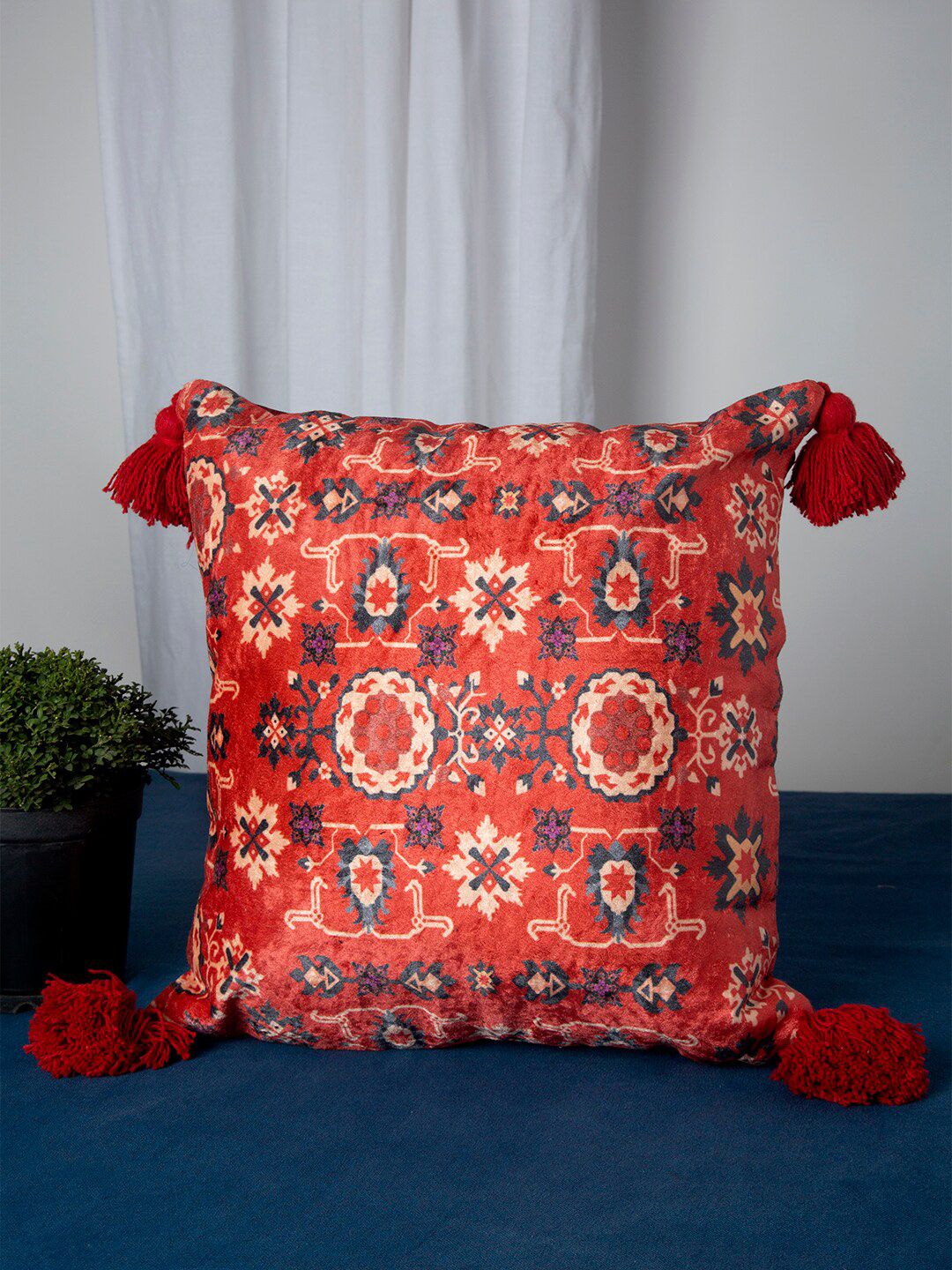 HOSTA HOMES Red & Blue Set of Single Ethnic Motifs Square Cushion Covers Price in India