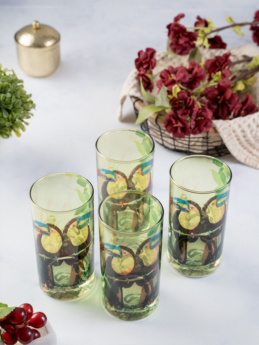 KOLOROBIA Set Of 4 Green & Yellow Toucan Inspired Printed 250ml Glass Tumblers Price in India