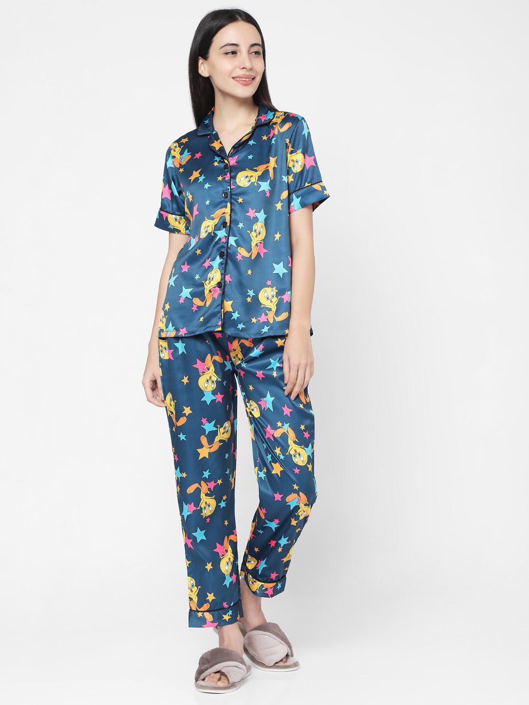 Smarty Pants Women Blue & Yellow Printed Night Suit Price in India