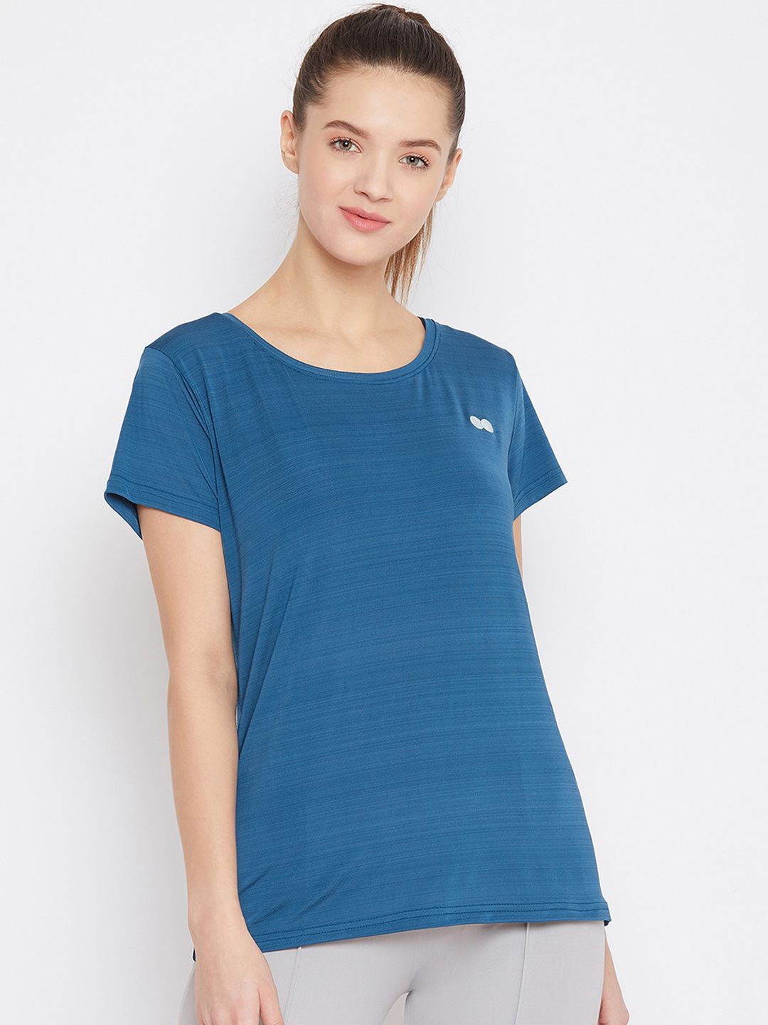 Clovia Women Blue Solid Round Neck T-shirt Price in India