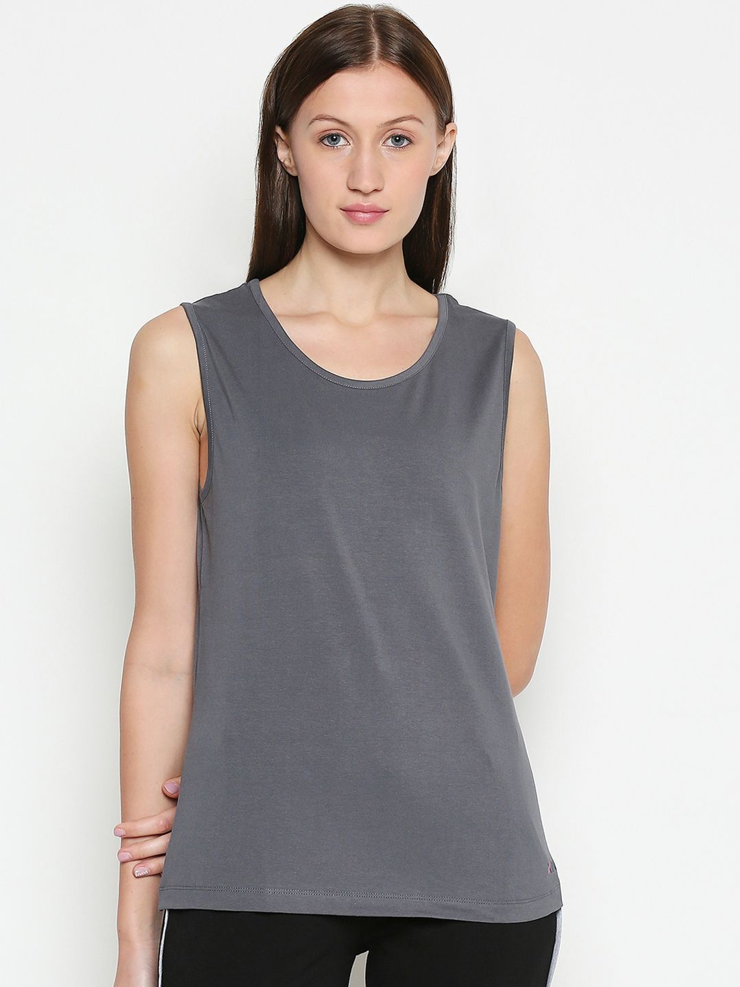 XIN Women Grey Solid Round Neck T-shirt