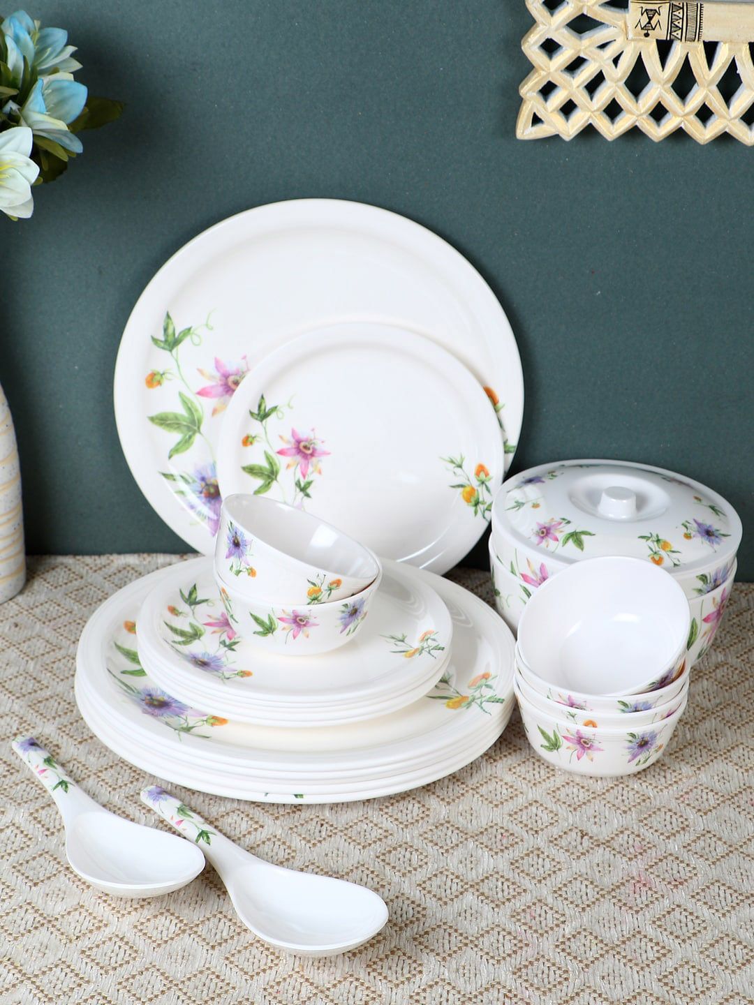 Servewell White & Pink 24 Pcs Melamine Dinner Set Price in India