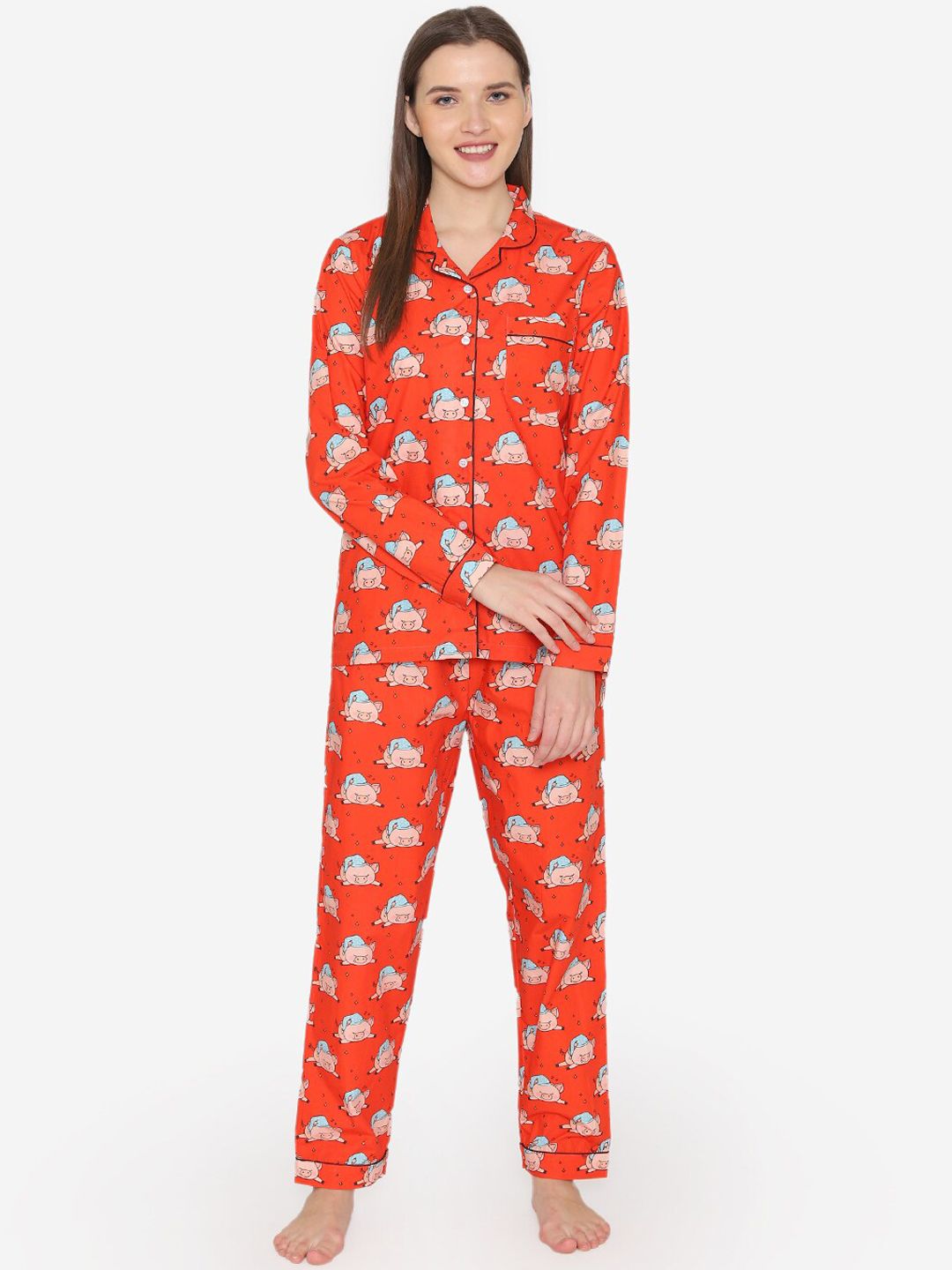 Fluffalump Women Red & Pink Printed Night Suit Price in India