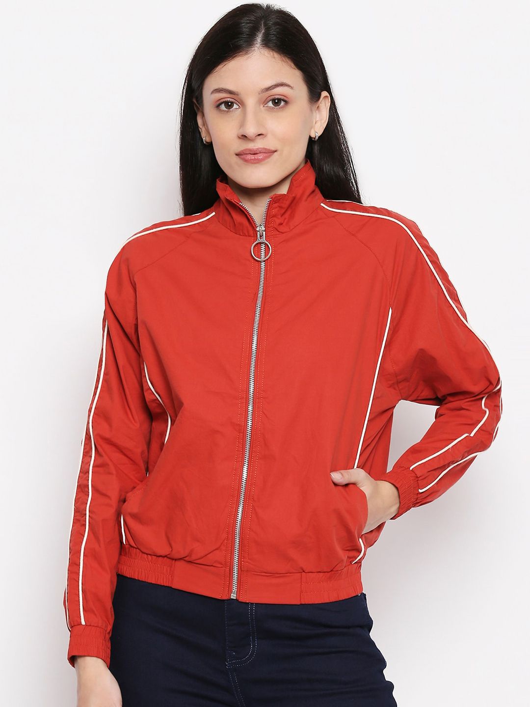 People Women Red Solid Bomber Price in India