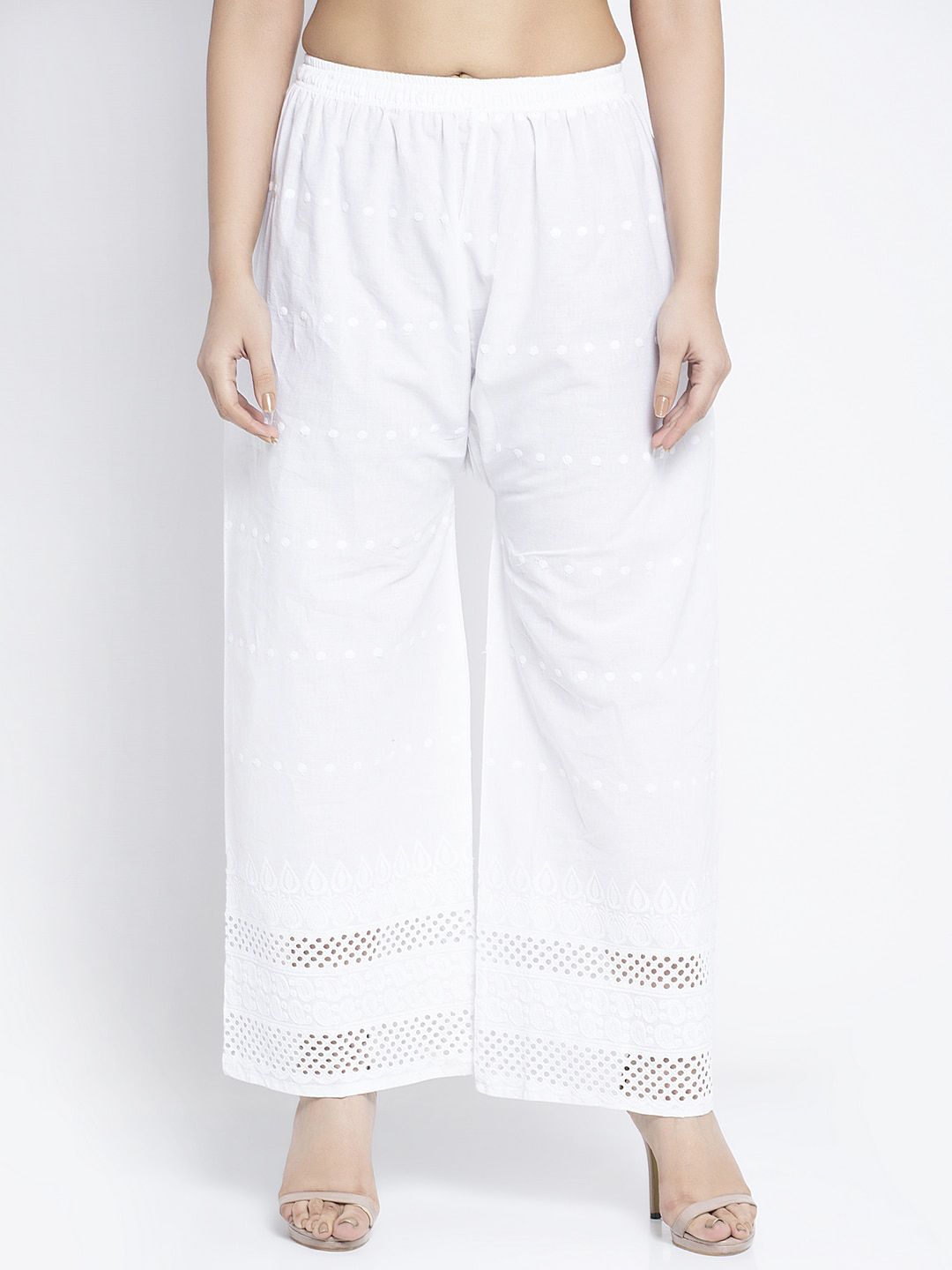 GRACIT Women White Embroidered Flared Palazzos
