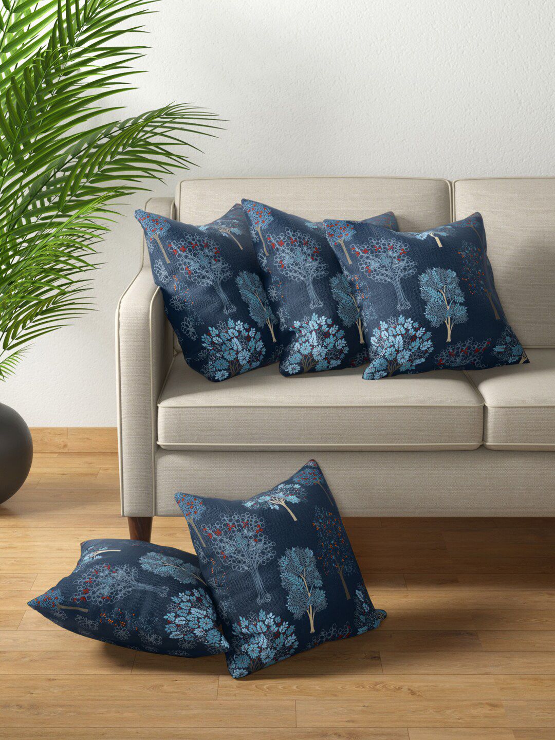 PETAL HOME Blue & Maroon Set of 5 Floral Square Cushion Covers Price in India