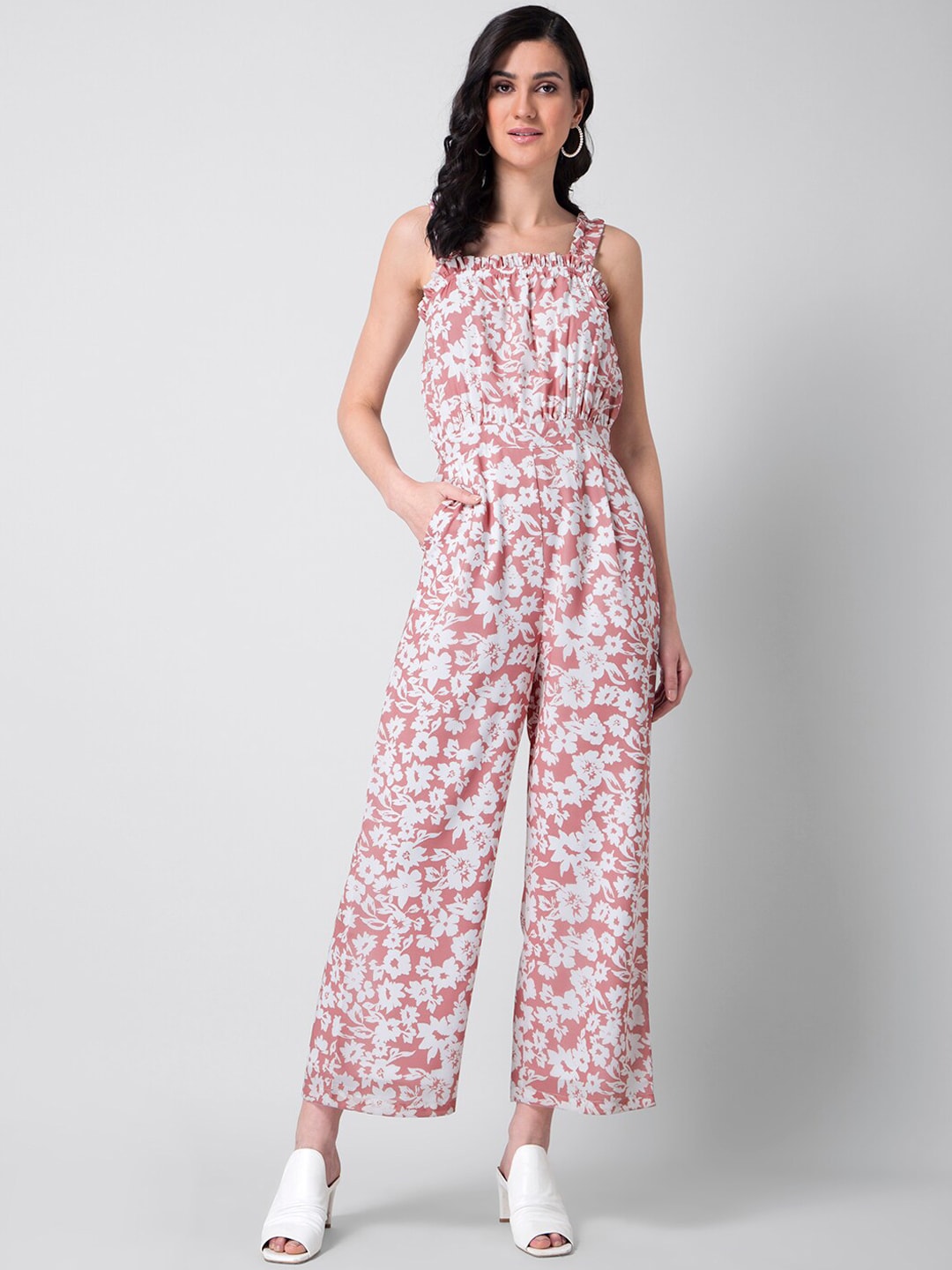 FabAlley Women Pink & White Floral Printed Basic Jumpsuit Price in India