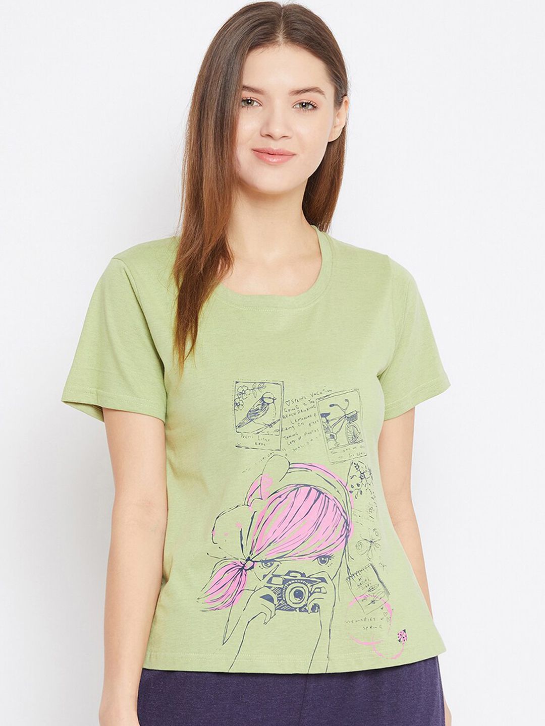 Clovia Women Green & Pink Printed Lounge T-Shirt Price in India