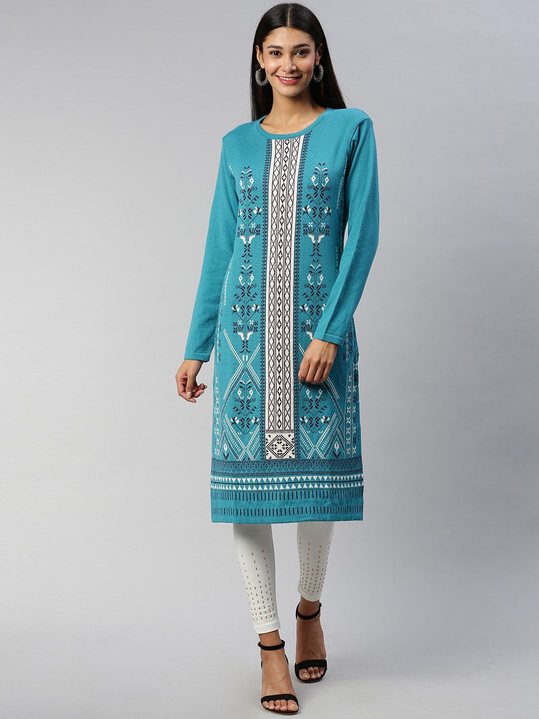 Soch Turquoise Blue Woven Design Cotton Blend Kurti Price in India