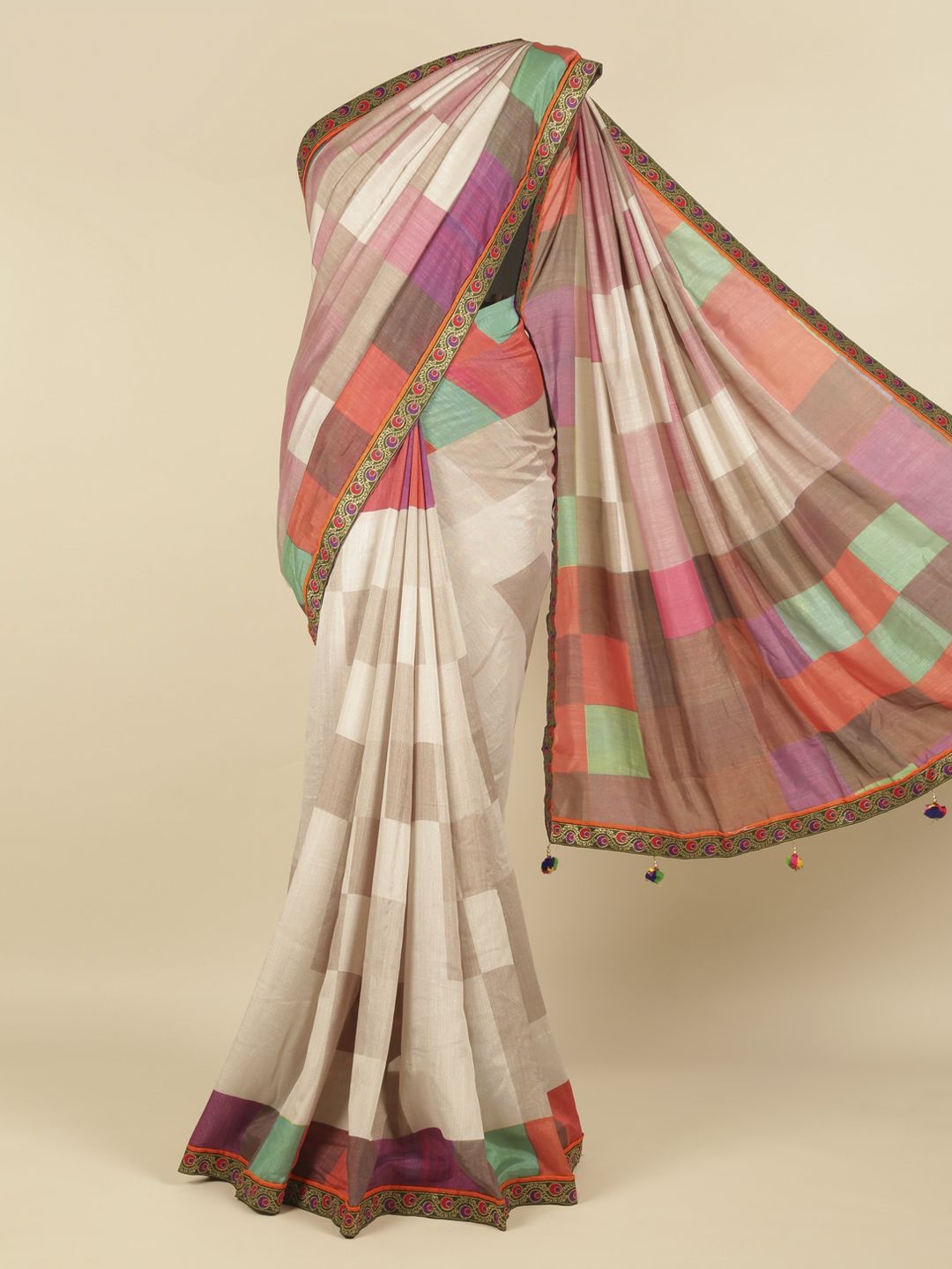 Pothys Multicoloured & Cream-Coloured Jute Silk Printed Saree