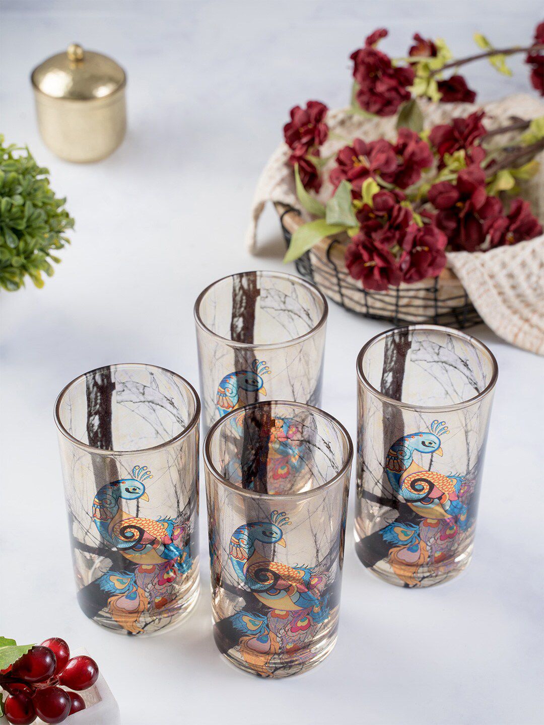 KOLOROBIA Set Of 4 Transparent & Blue Charismatic Peacock Glass Tumbler 250 ml Price in India