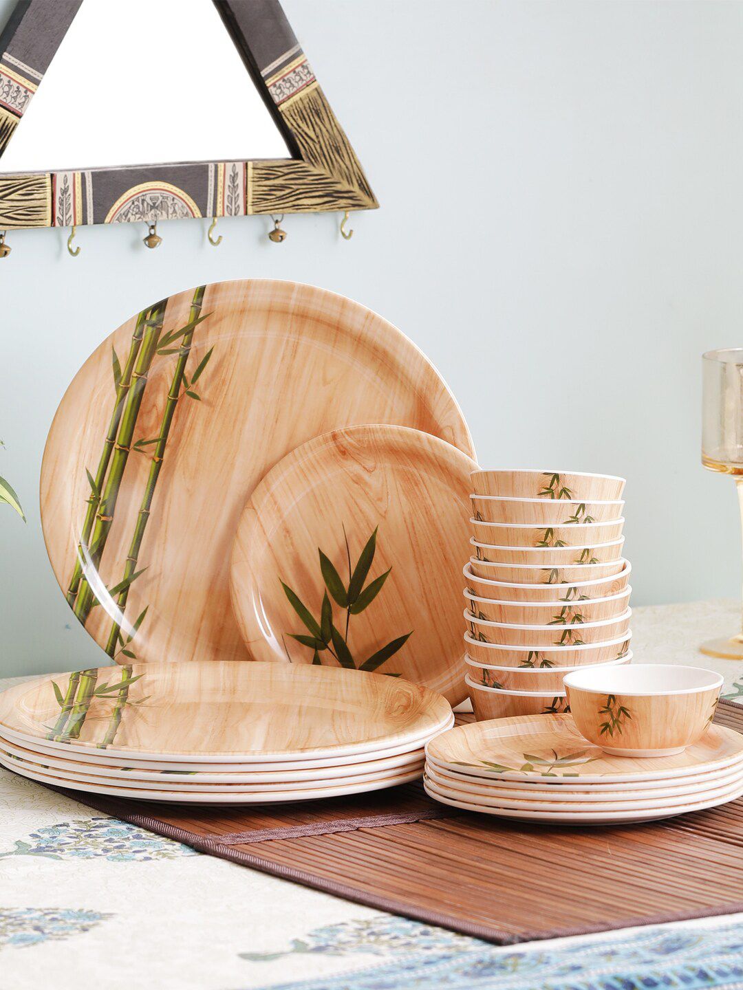 Servewell Beige & Green Bamboo Print 24-Piece Melamine Dinner Set Price in India