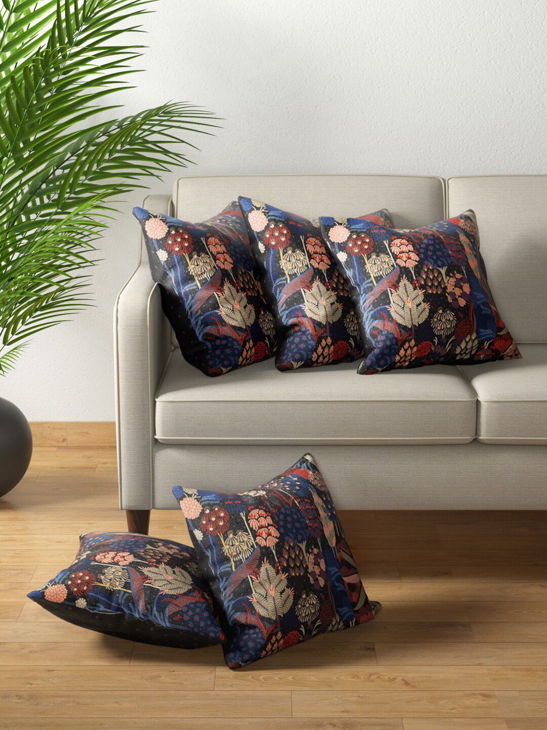 PETAL HOME Brown & Red Set of 5 Floral Square Cushion Covers Price in India