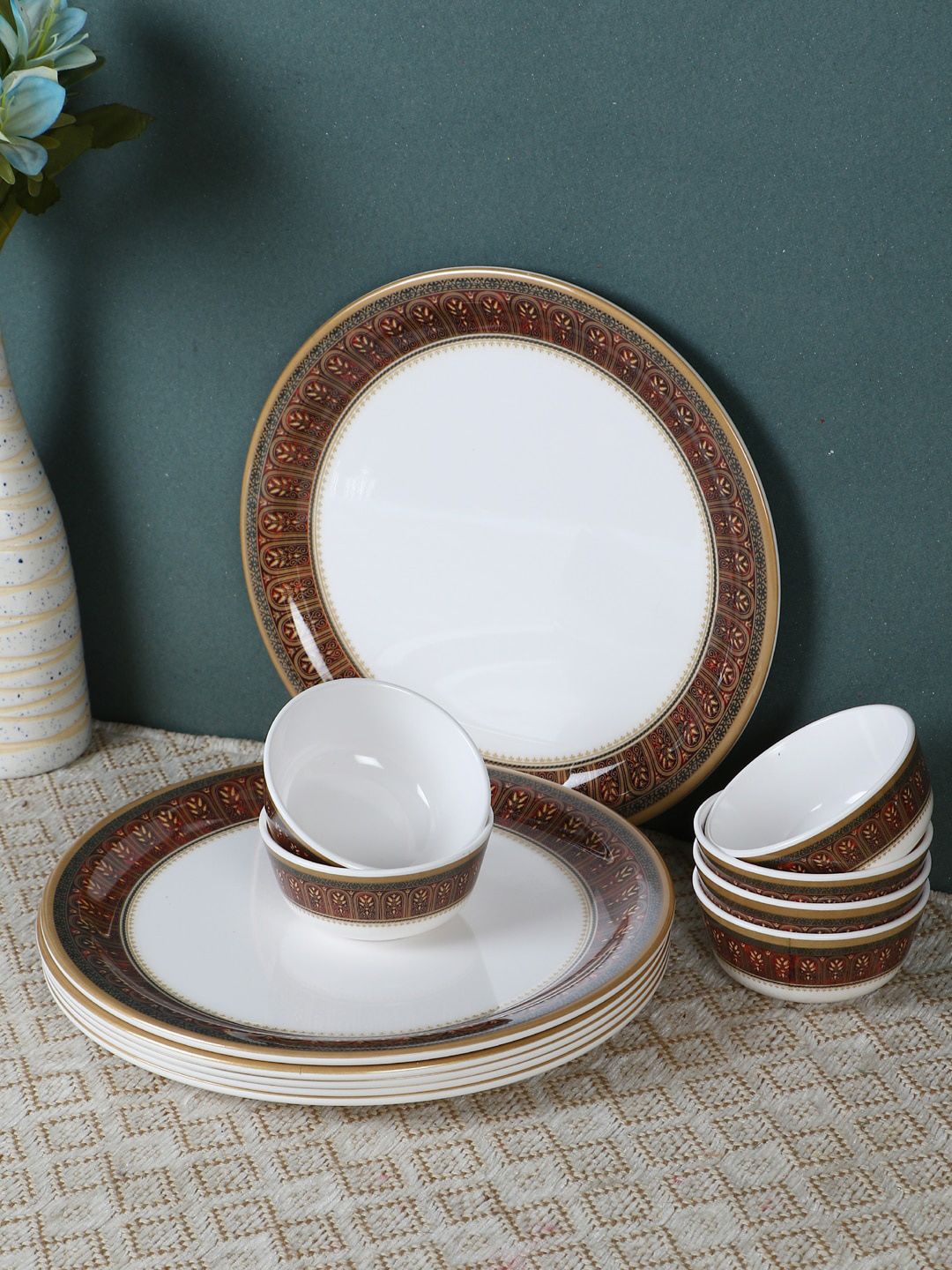 Servewell Unisex White & Brown 12 Pcs Printed Plate & Bowls Set Price in India