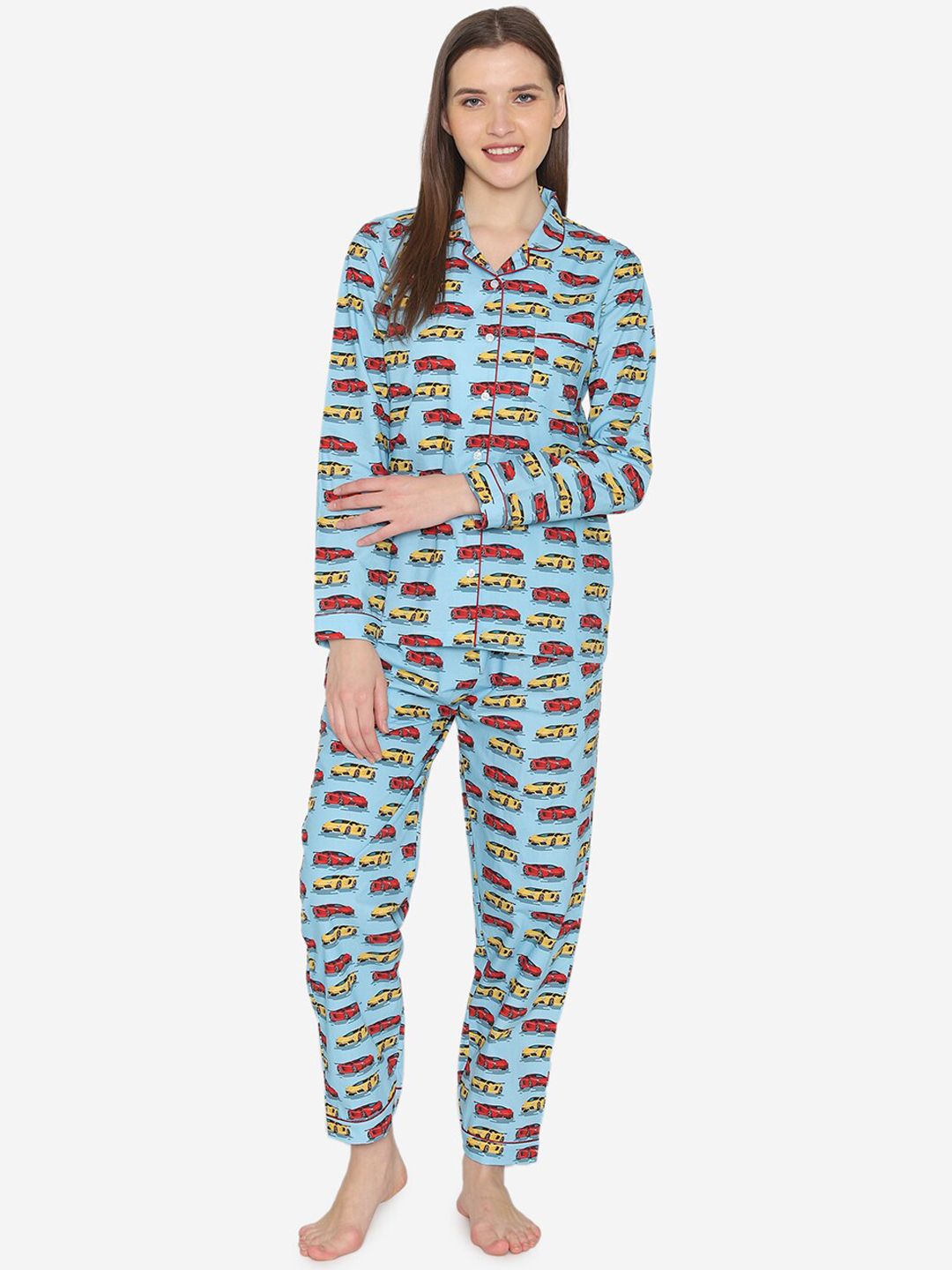 Fluffalump Women Blue & Red Printed Night Suit Price in India