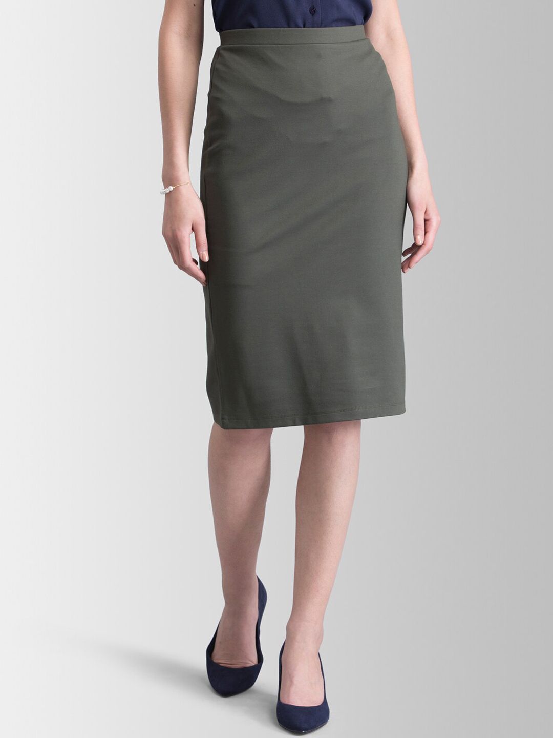FableStreet Olive Green Knitted Pencil Skirt