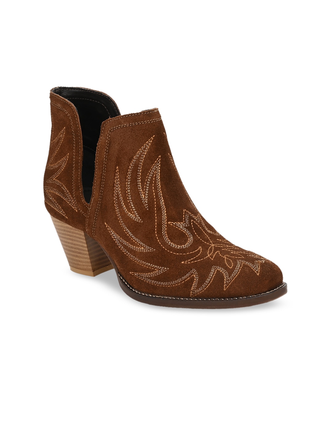 CARLO ROMANO Women Tan Woven Design Mid-Top Suede Heeled Boots Price in India