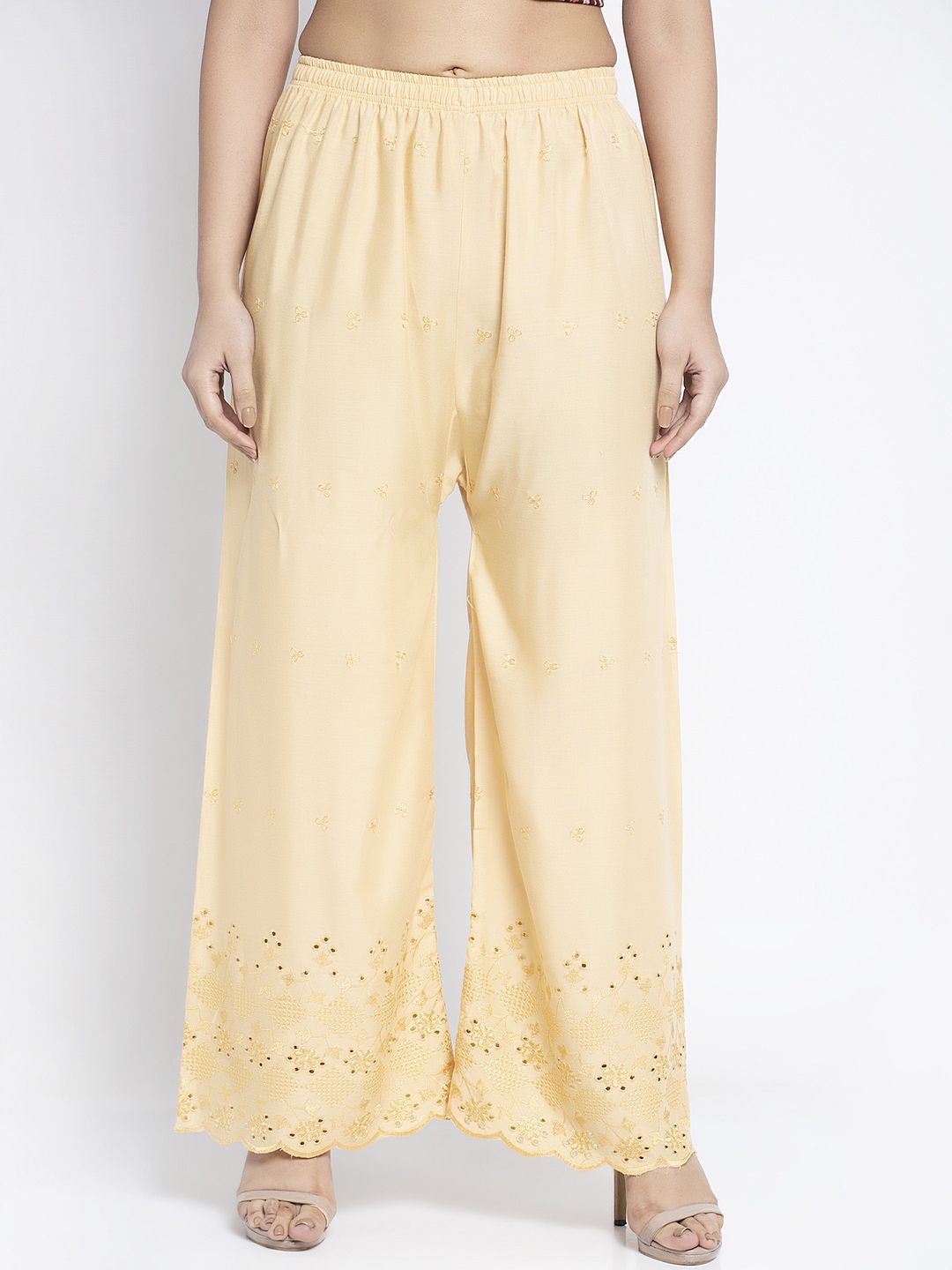 GRACIT Women Beige Embroidered Flared Palazzos