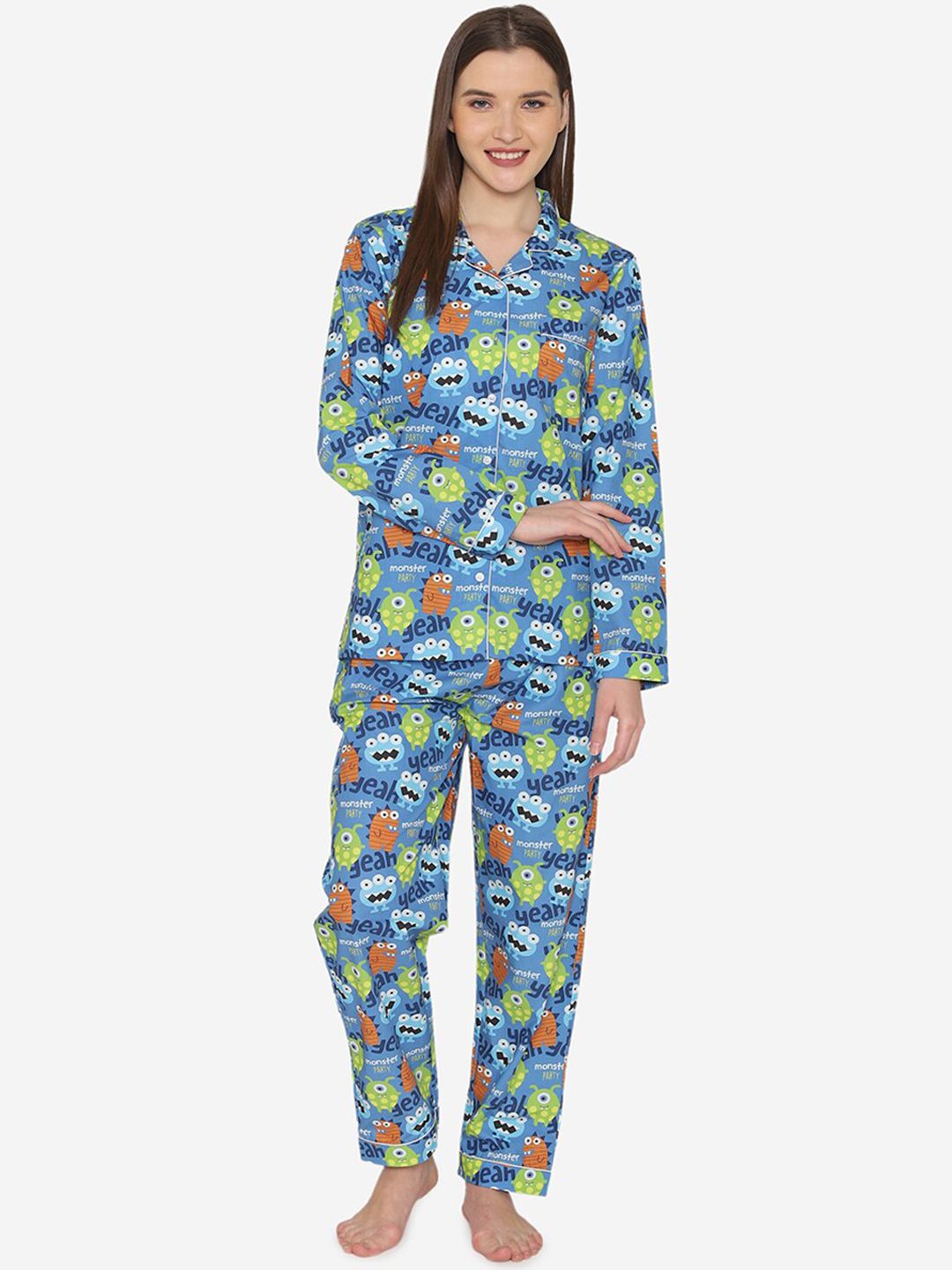 Fluffalump Women Blue & Green Monster Party Printed Night Suit Price in India