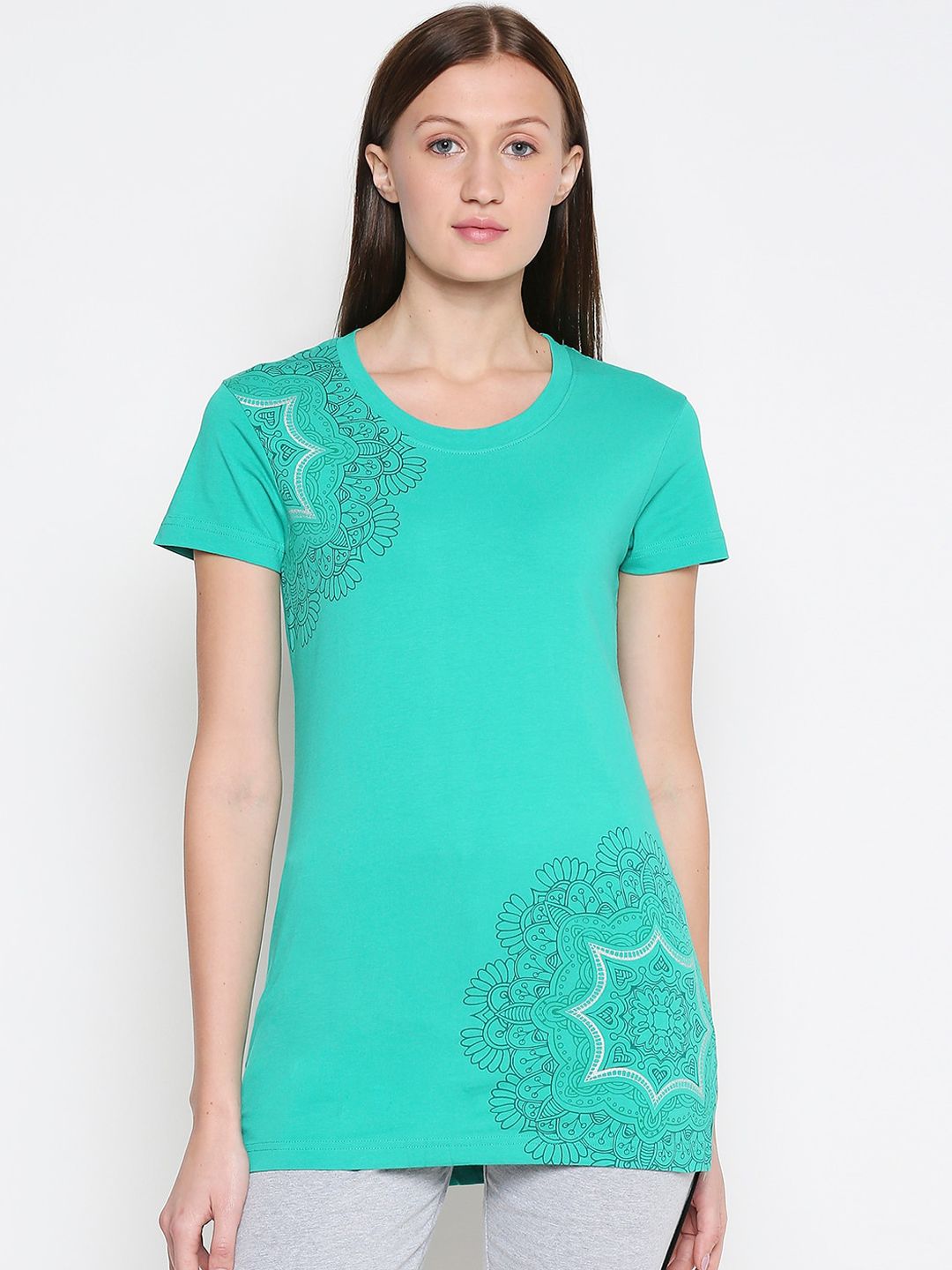 XIN Women Green & Grey Printed Lounge T-shirt Price in India