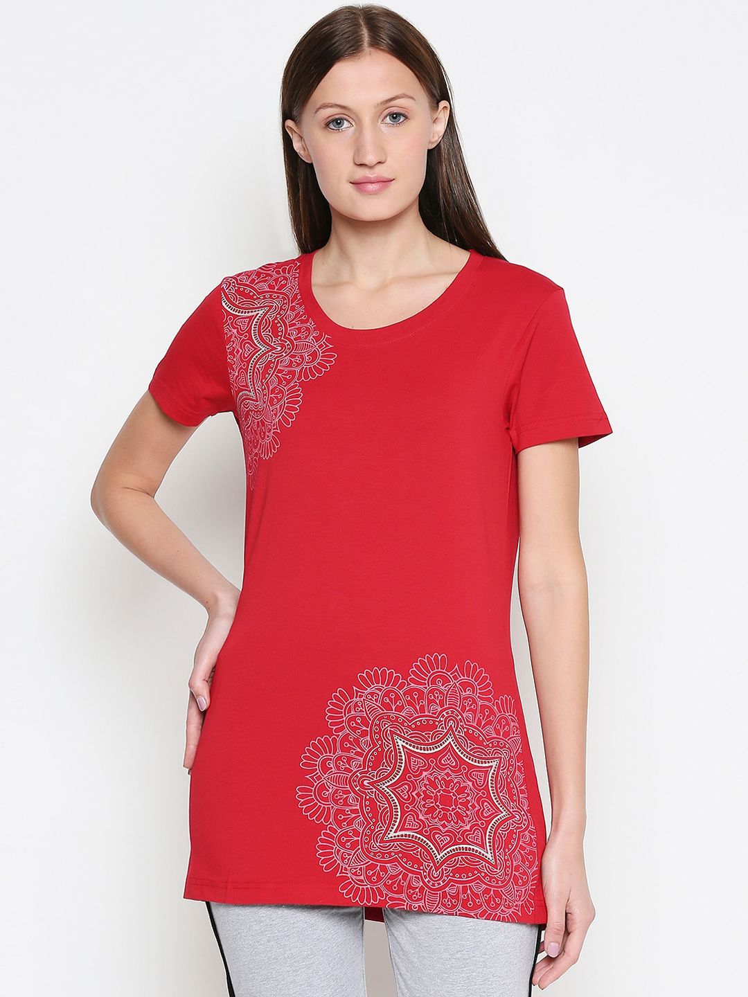 XIN Women Red Printed Round Neck T-shirt