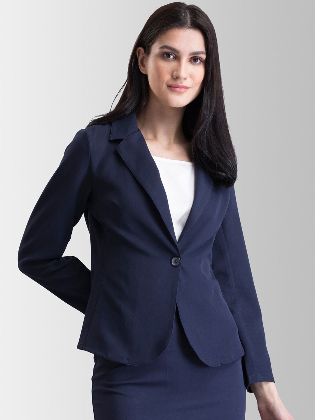 FableStreet Women Navy Blue Solid Tailored Jacket Price in India