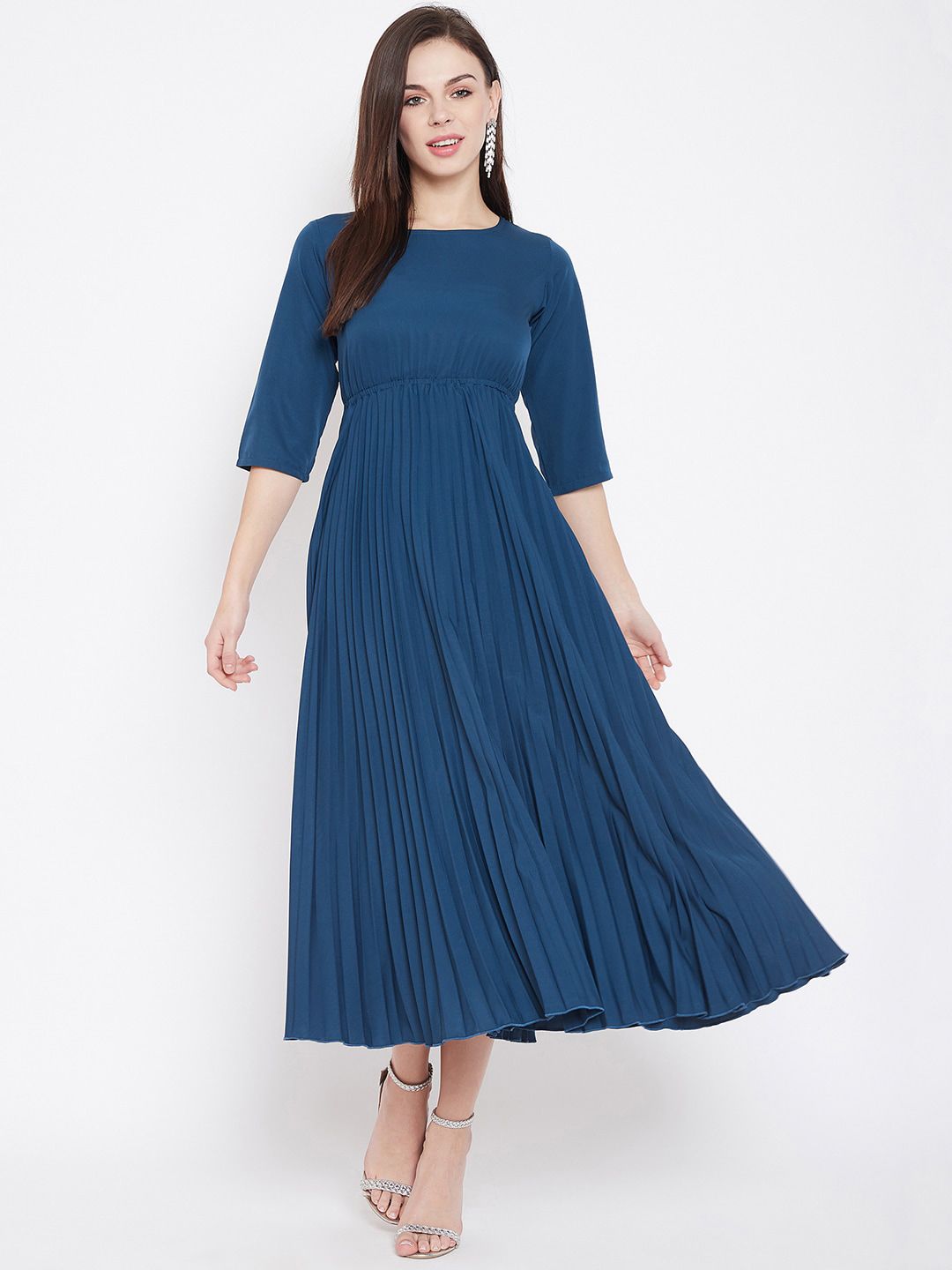 U&F Navy Blue Accordian Pleated Fit & Flare Dress Price in India