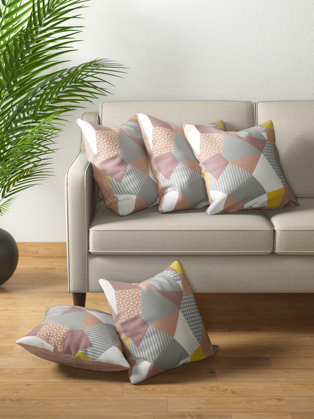 PETAL HOME Beige & White Set of 5 Abstract Square Cushion Covers Price in India