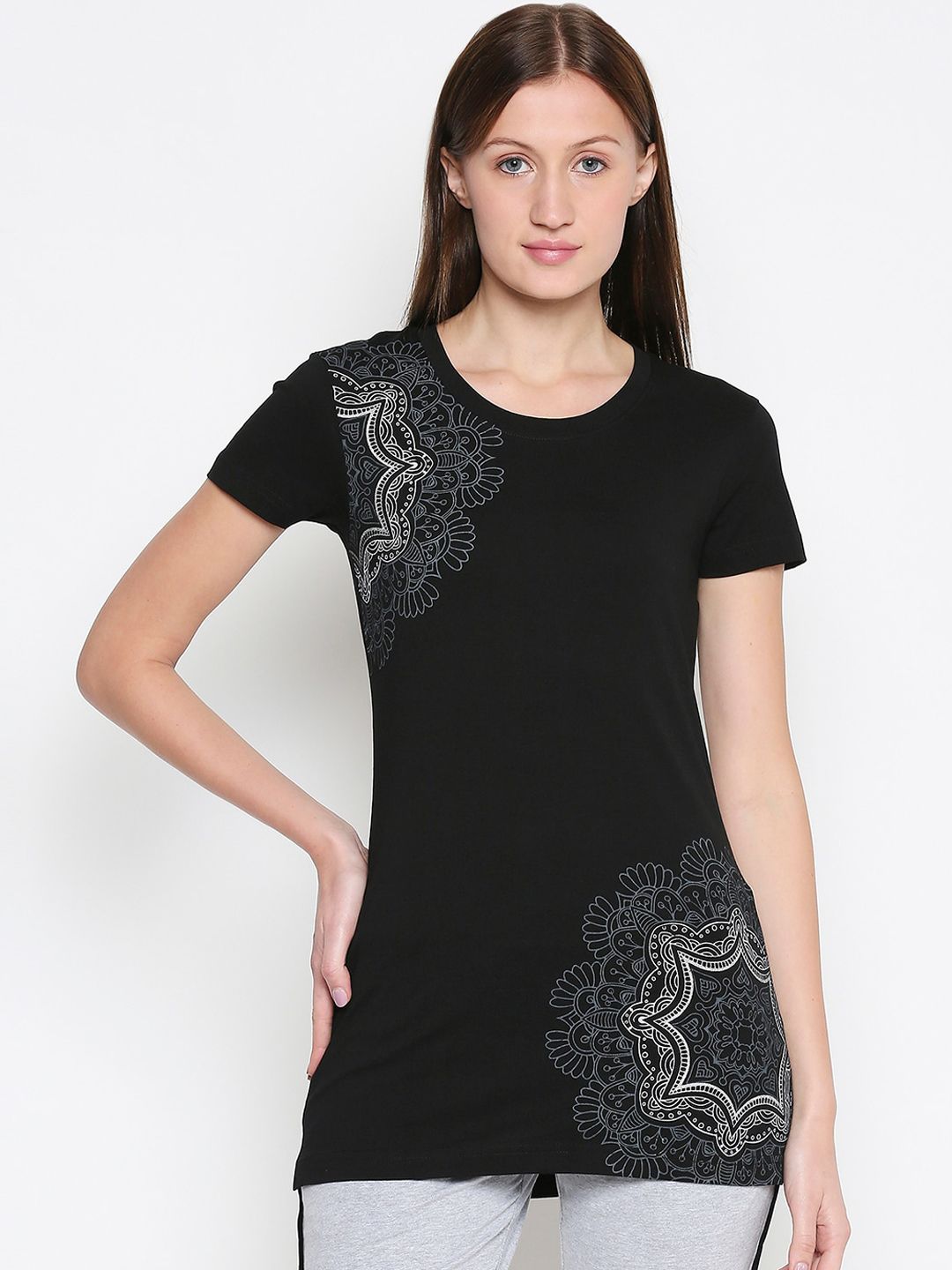 XIN Women Black Printed Round Neck Lounge T-shirt Price in India