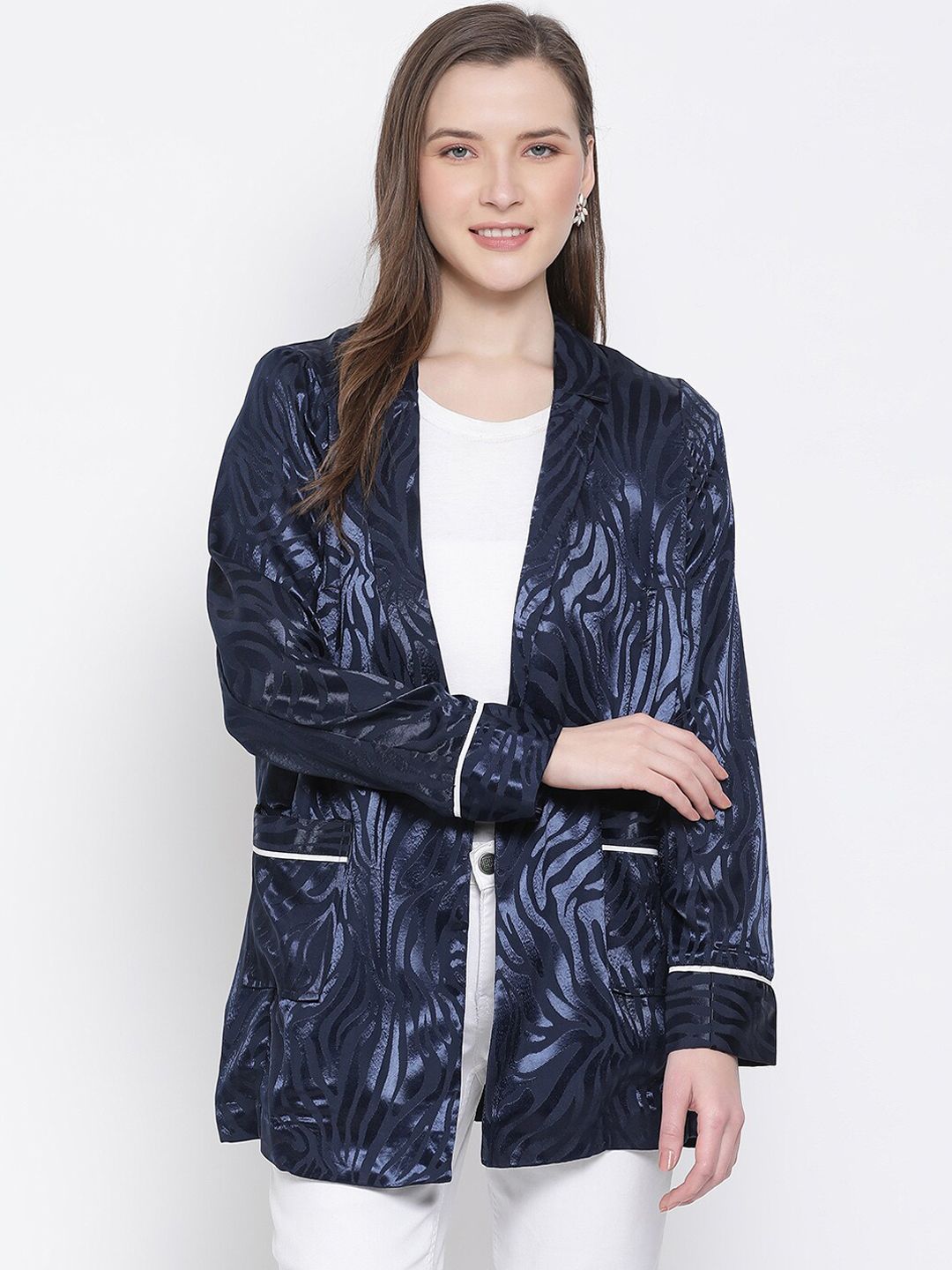 Oxolloxo Women Navy Blue Self-Design Open-Front Casual Blazer Price in India