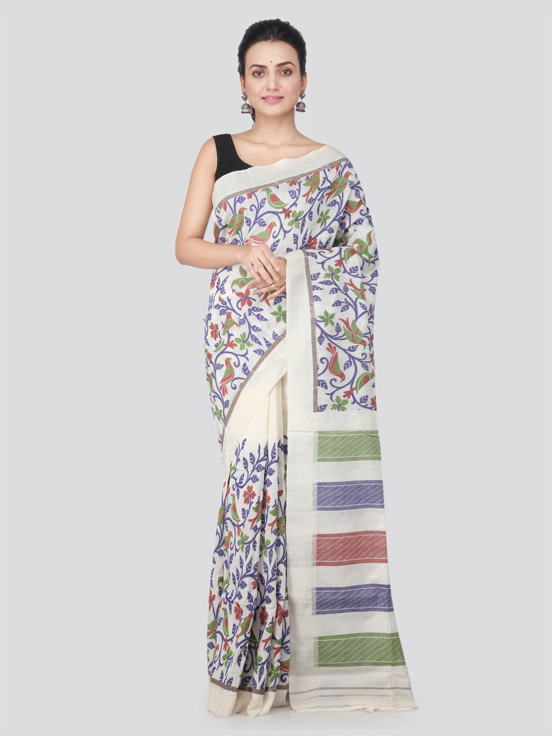 PinkLoom Off-White Cotton Blend Woven Design Jamdani Sustainable Saree Price in India