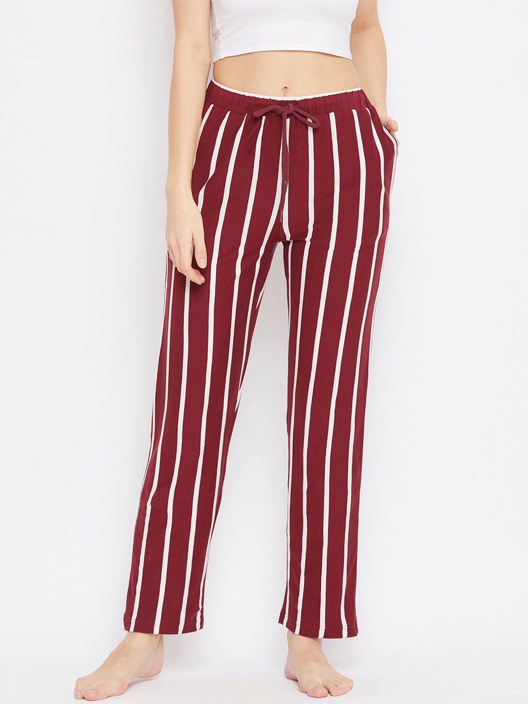 Hypernation Women Maroon & Off White Striped Cotton Lounge Pants Price in India