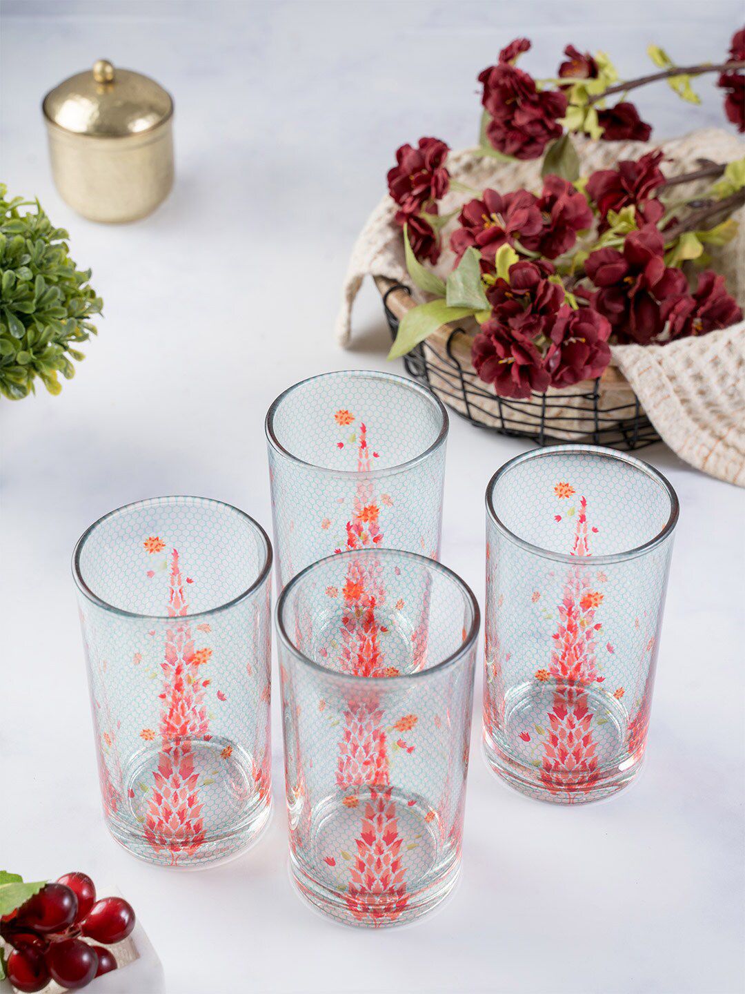 KOLOROBIA Set Of 4 Red & Orange Babur Inspired Glass Tumblers Price in India