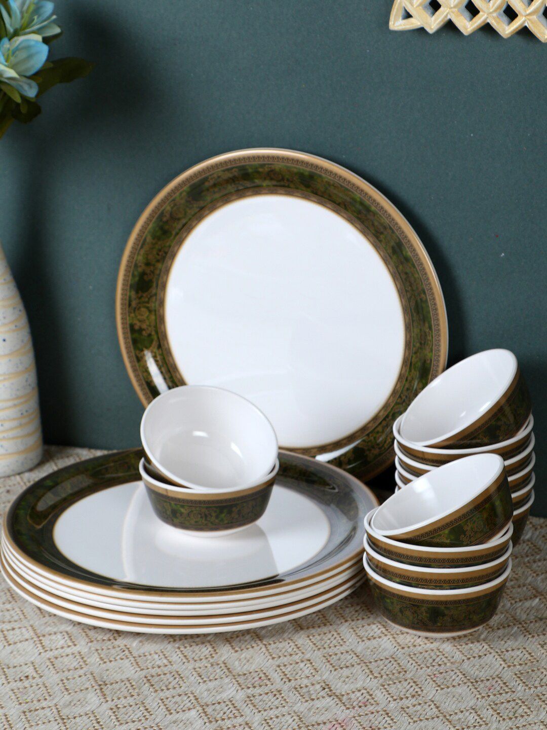 Servewell White & Gold-Toned 18 Pcs Melamine Dinner Set Price in India