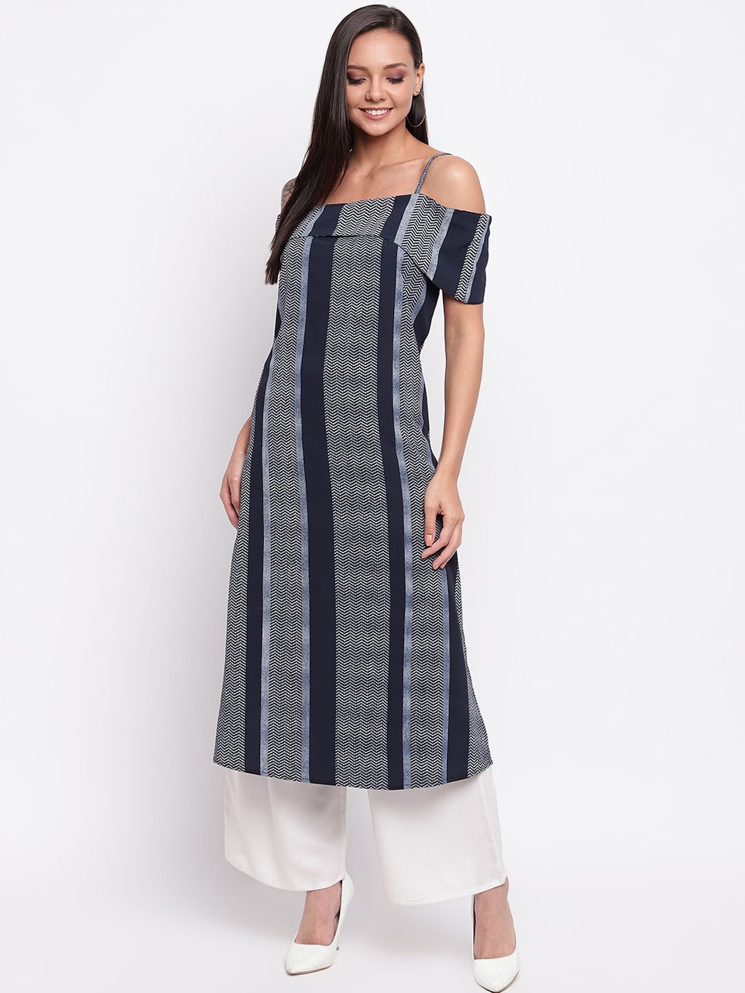 Napra Women Navy Blue & Grey Colourblocked A-Line Kurta Price in India