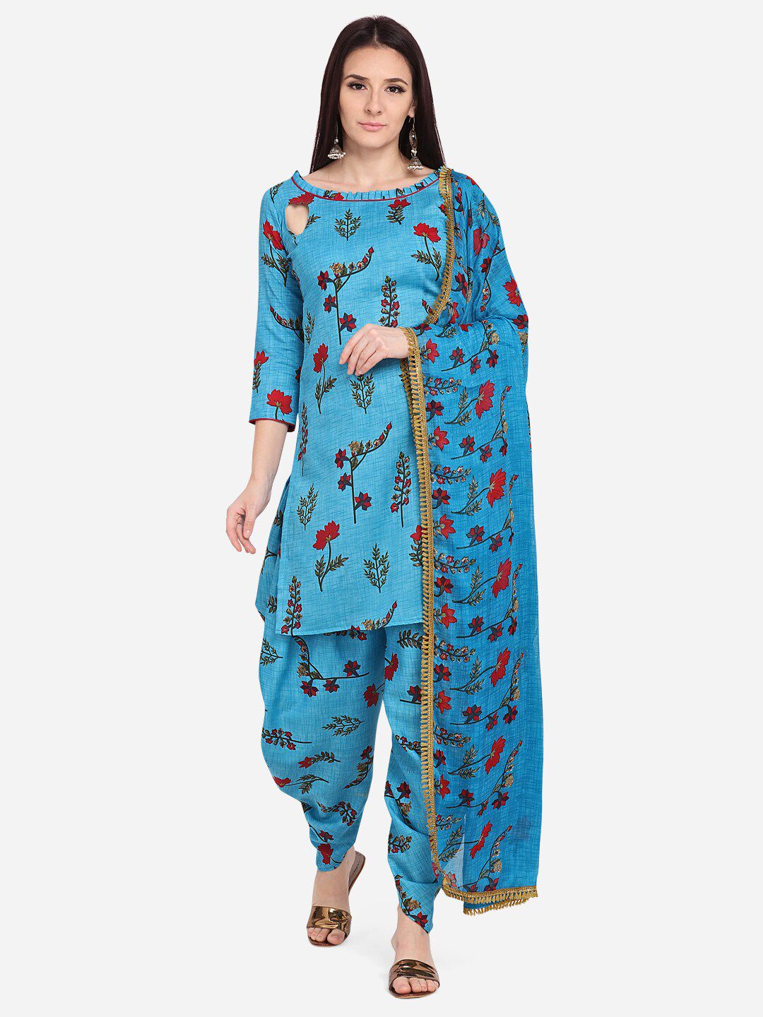 SHAVYA Turquoise Blue & Red Cotton Blend Unstitched Dress Material Price in India