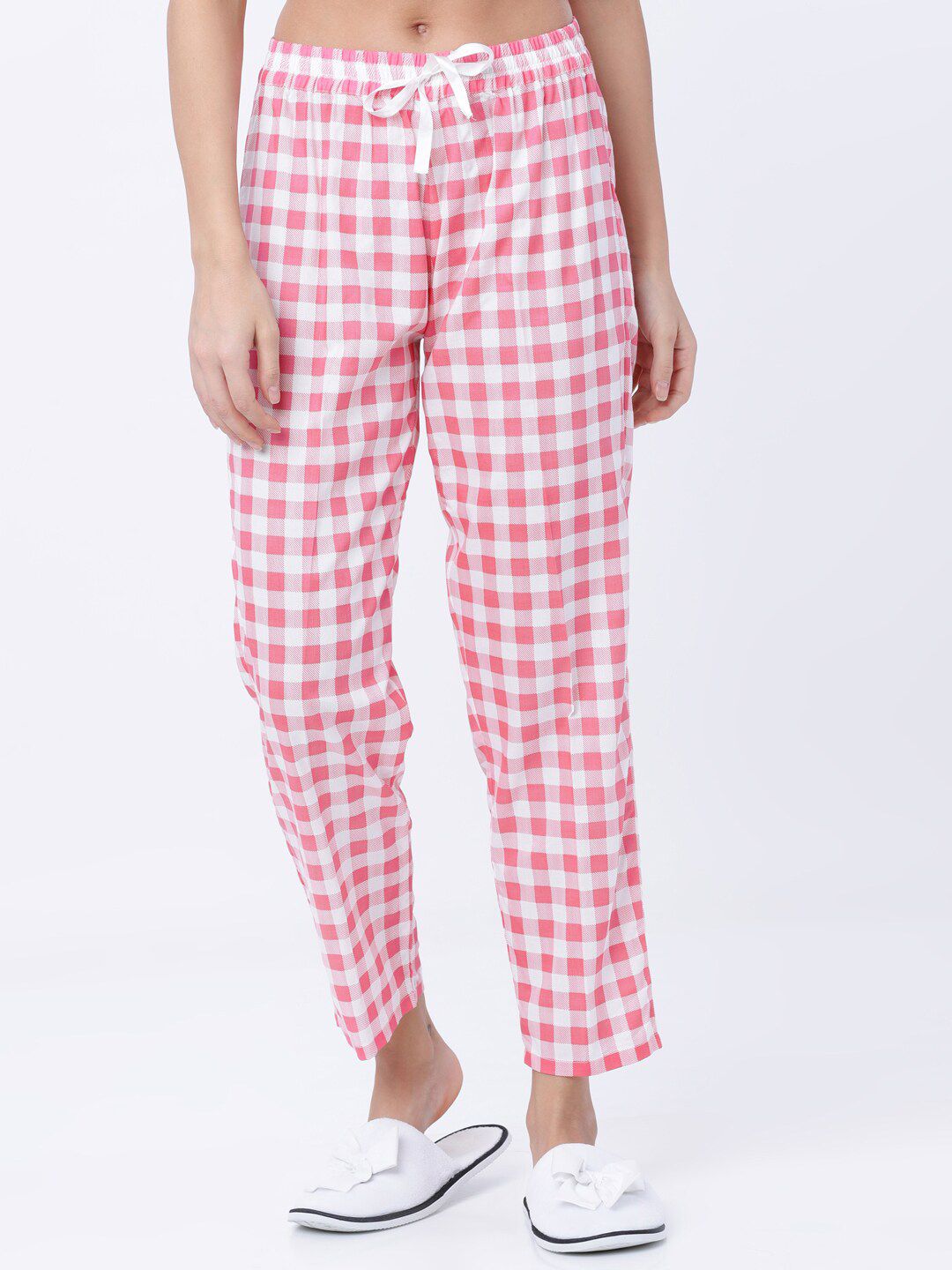 Tokyo Talkies Women Pink & White Checked Lounge Pants Price in India