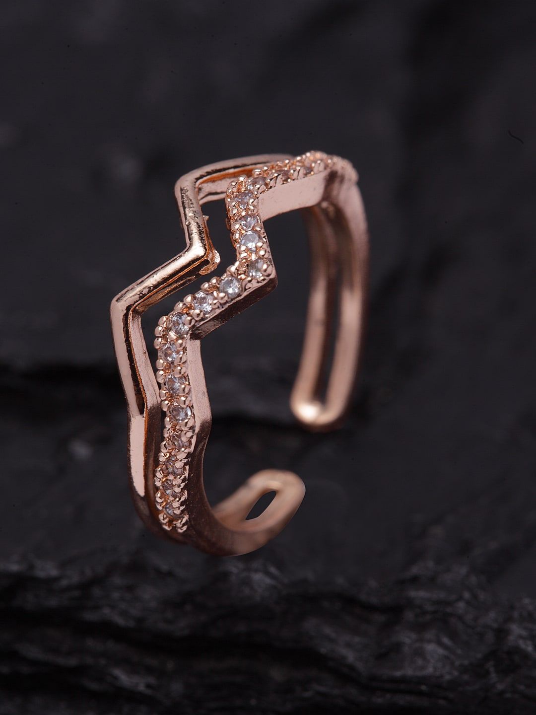 Ferosh Rose Gold-Plated & White Stone Studded Adjustable Finger Ring Price in India