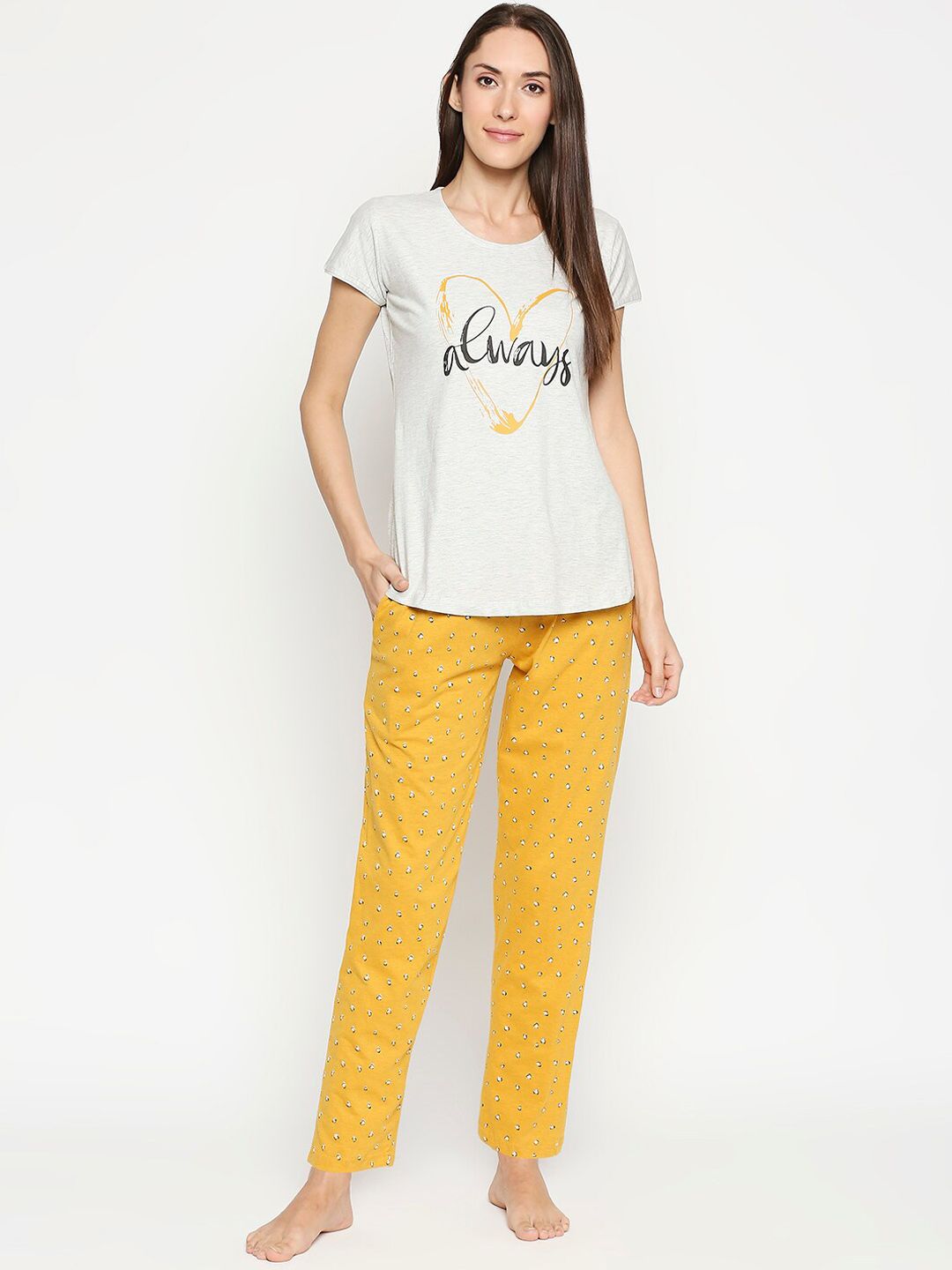 AV2 Women Yellow & Grey Melange Printed Night Suit Price in India