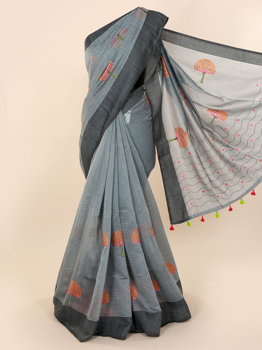 Pothys Grey Embroidered Pure Cotton Saree with Jhalar Pallu