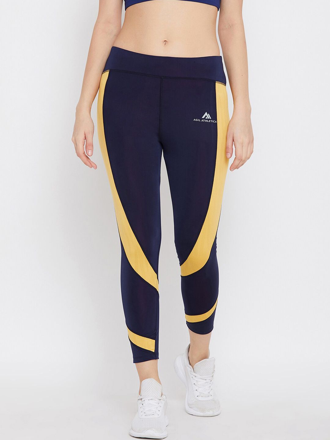 AGIL ATHLETICA Women Blue & Yellow Colourblocked Rapid-Dry Tights Price in India